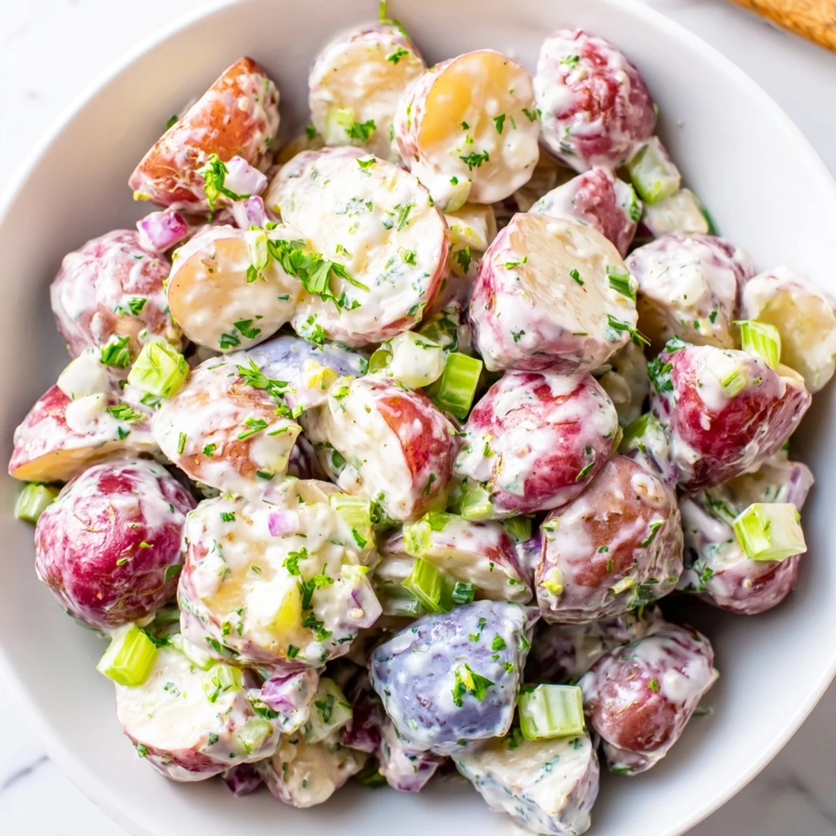 Creamy red white blue potato salad glistening with tangy herb dressing in a rustic bowl