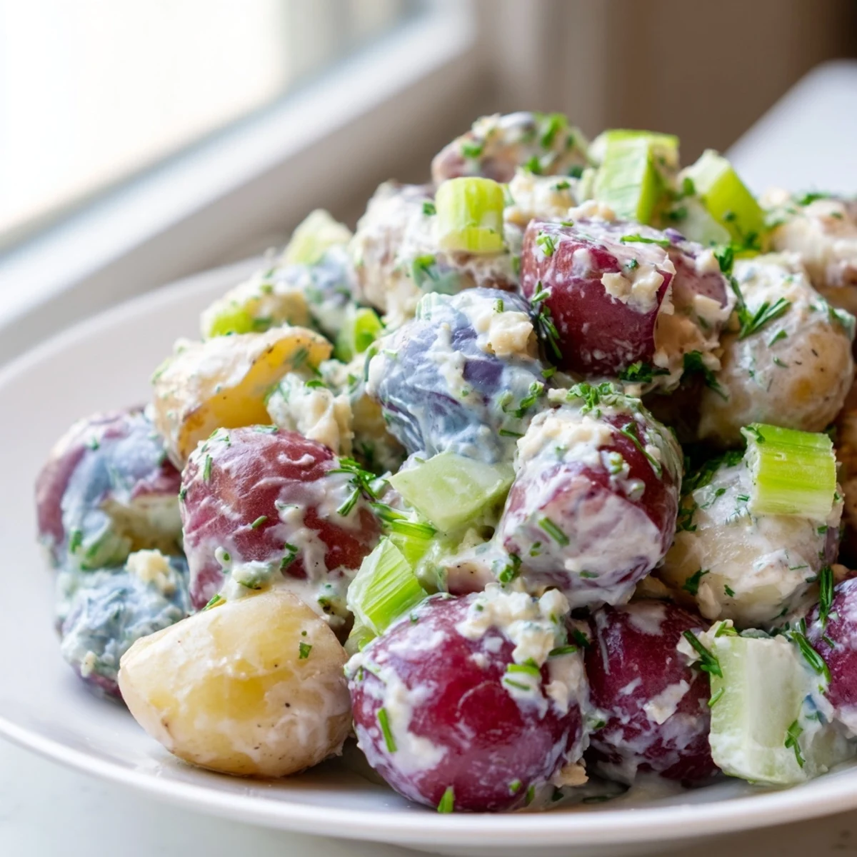 Colorful tri-color potato salad coated in smooth Dijon mayo dressing ready for serving