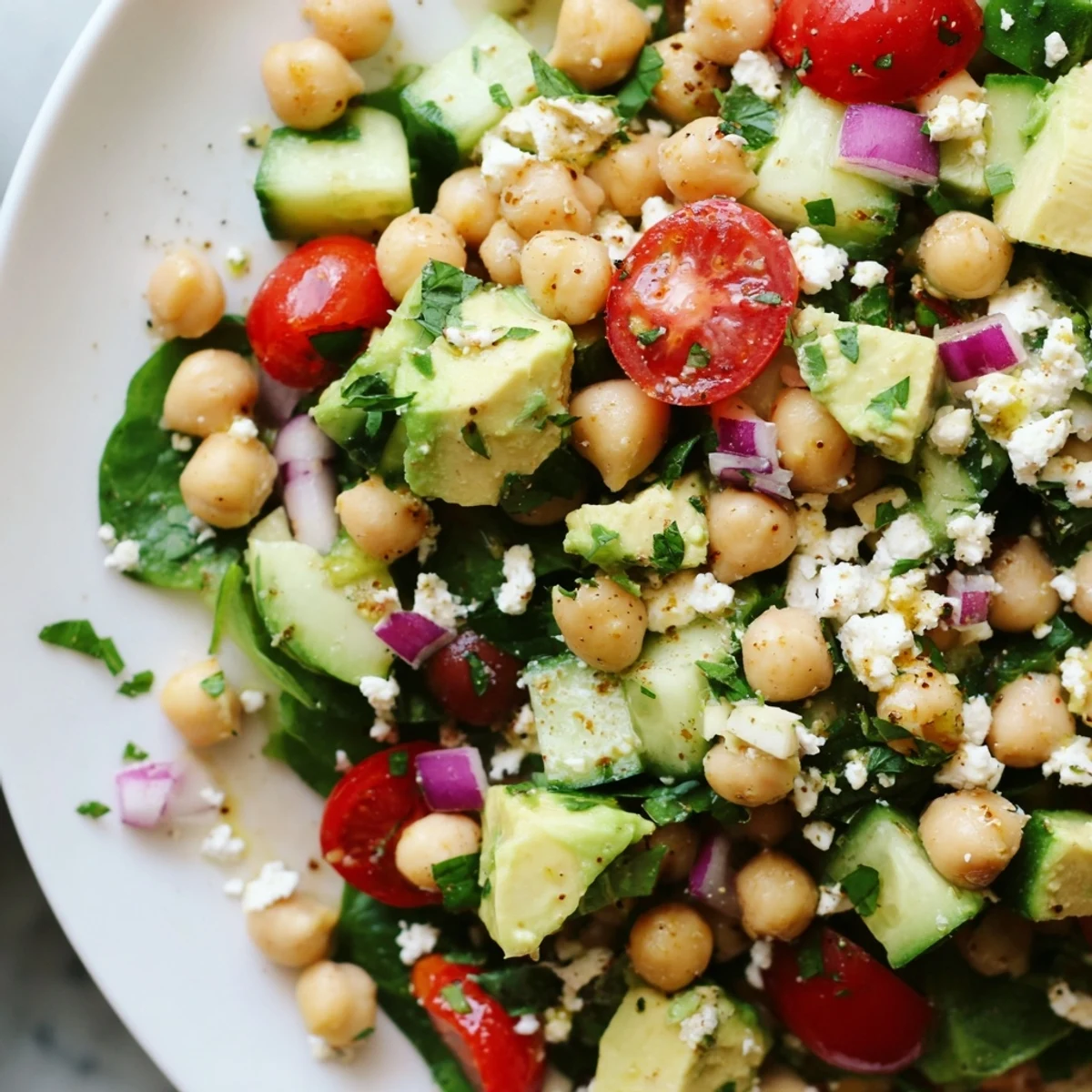 Creamy chickpea feta avocado salad served in a rustic wooden bowl