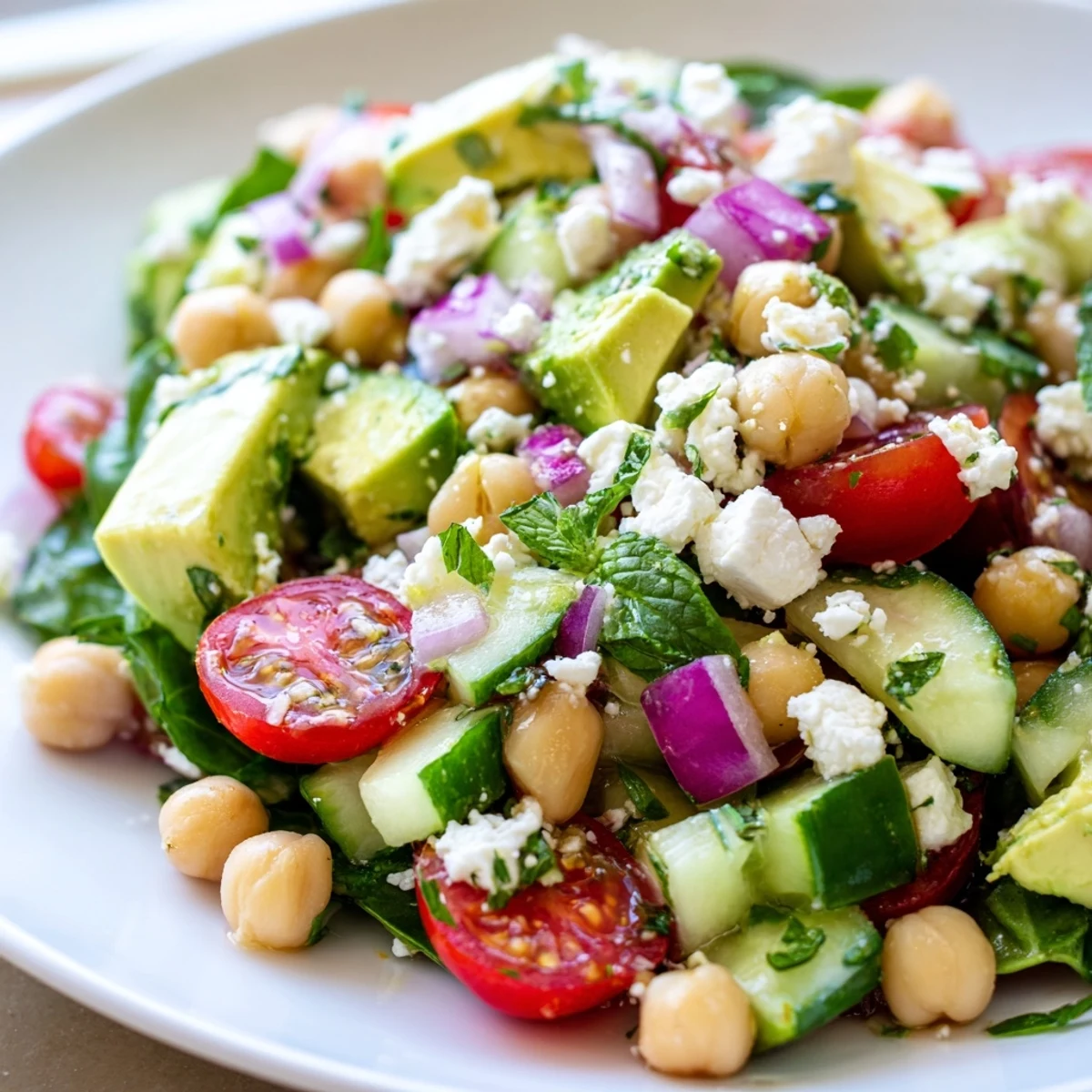 Colorful chickpea feta avocado salad with juicy tomatoes, cucumber, and crumbled feta