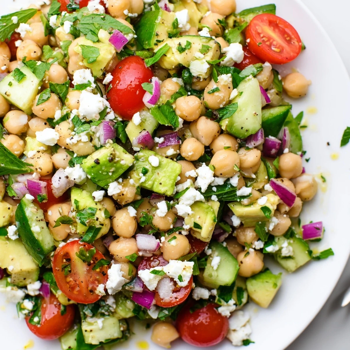 Vibrant chickpea feta avocado salad topped with fresh herbs and lemon dressing