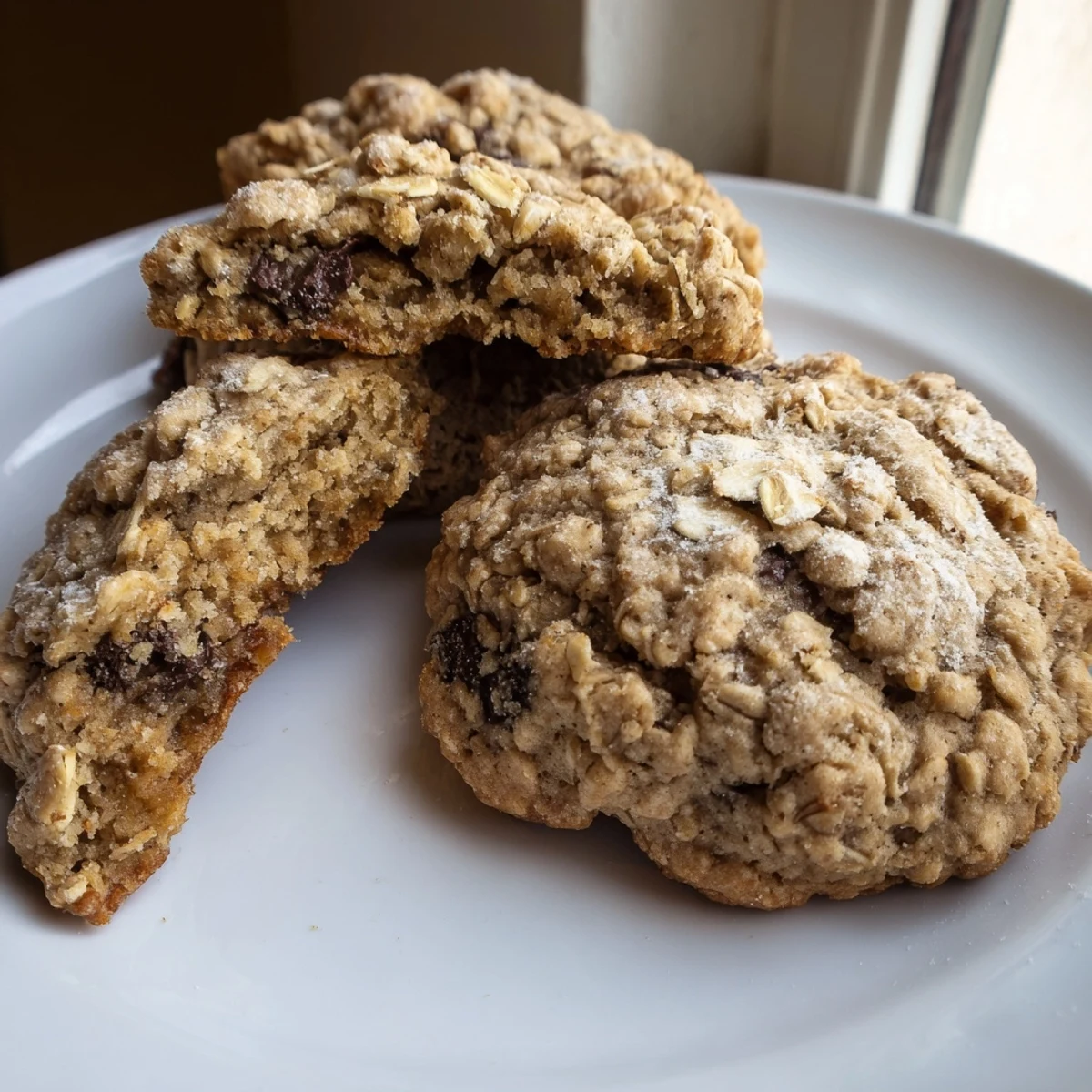 Warm Chewy Banana Oatmeal Cookies studded with chocolate chips stacked on a plate