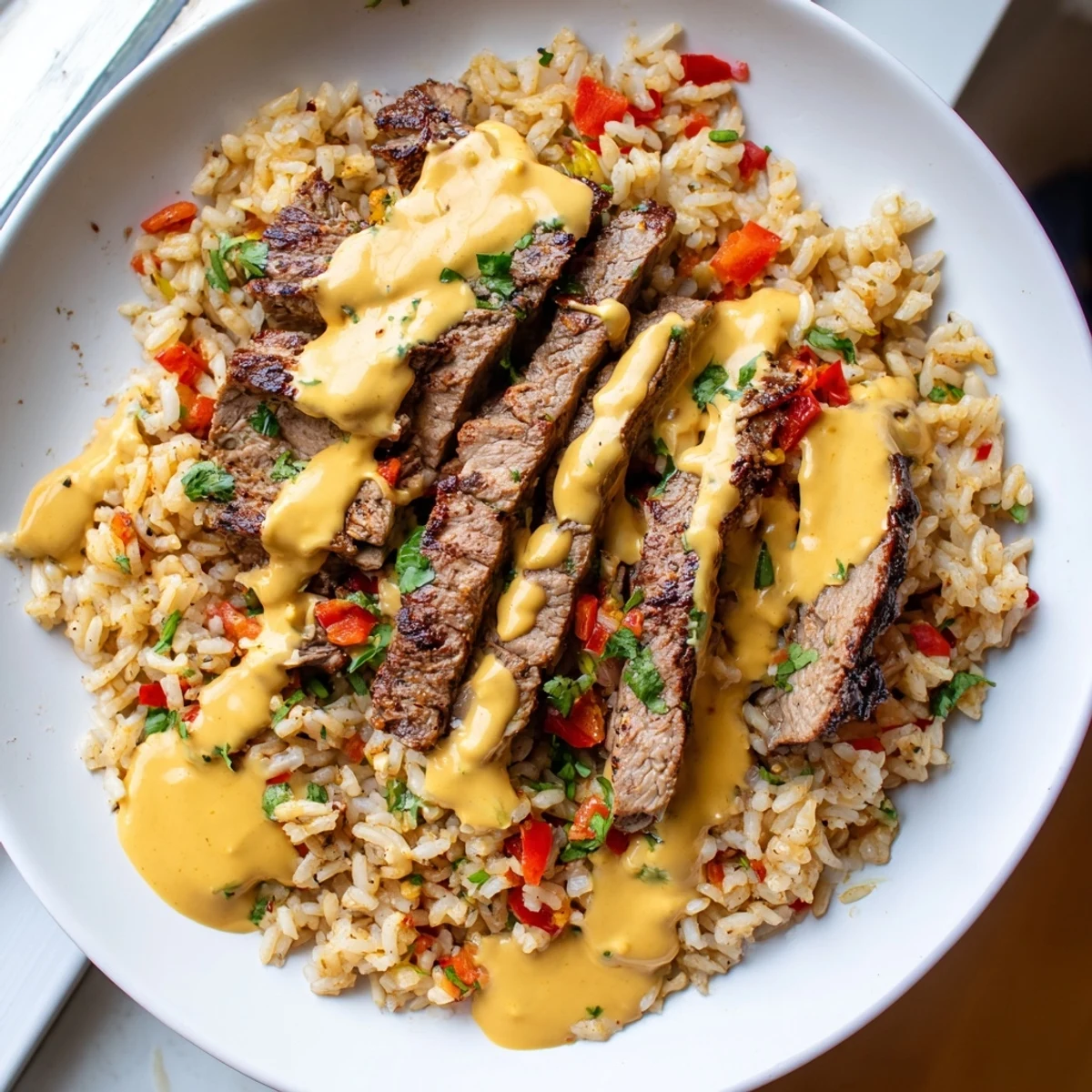 Creamy steak queso rice topped with tender seared beef and melted cheese sauce