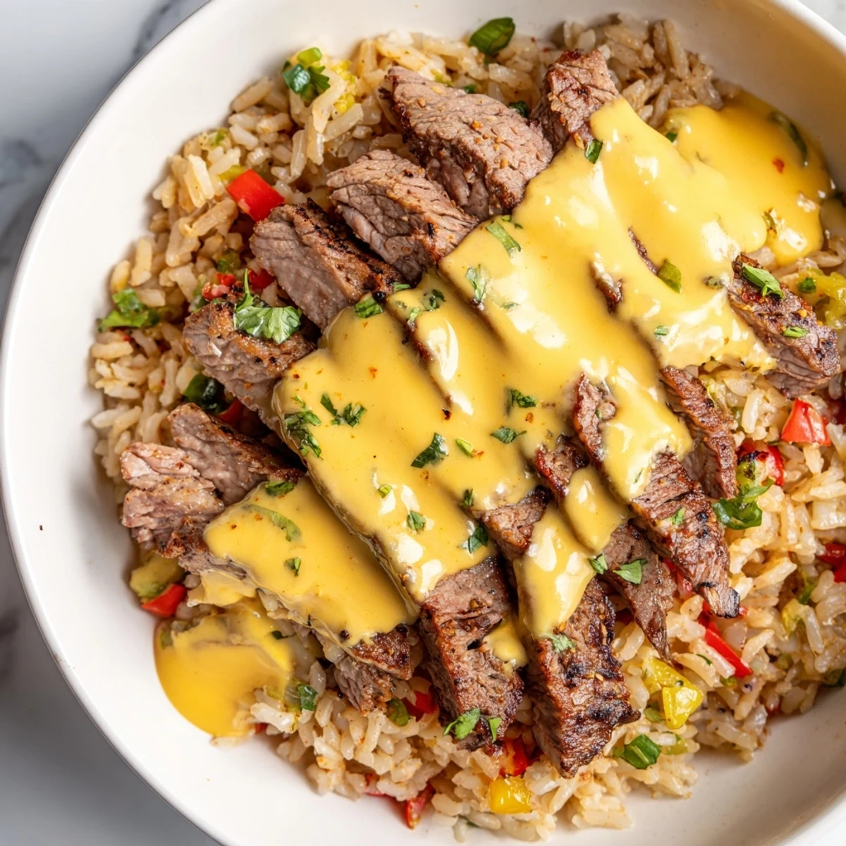 Golden seasoned rice piled high with juicy steak and warm queso drizzle