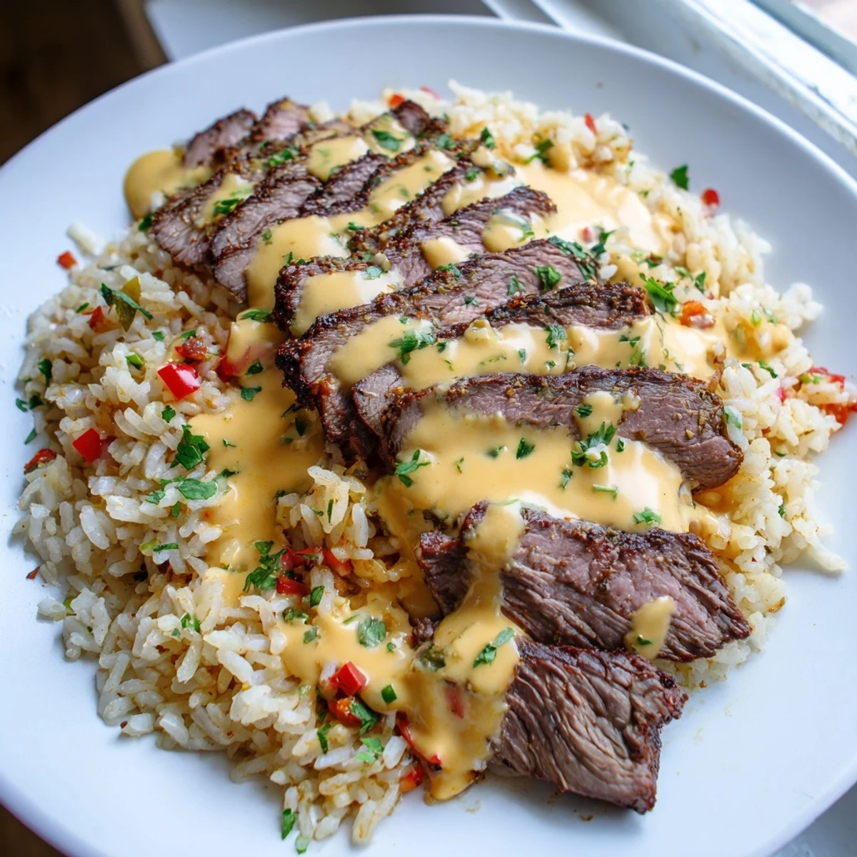 Spicy steak queso rice garnished with fresh cilantro in a rustic white bowl