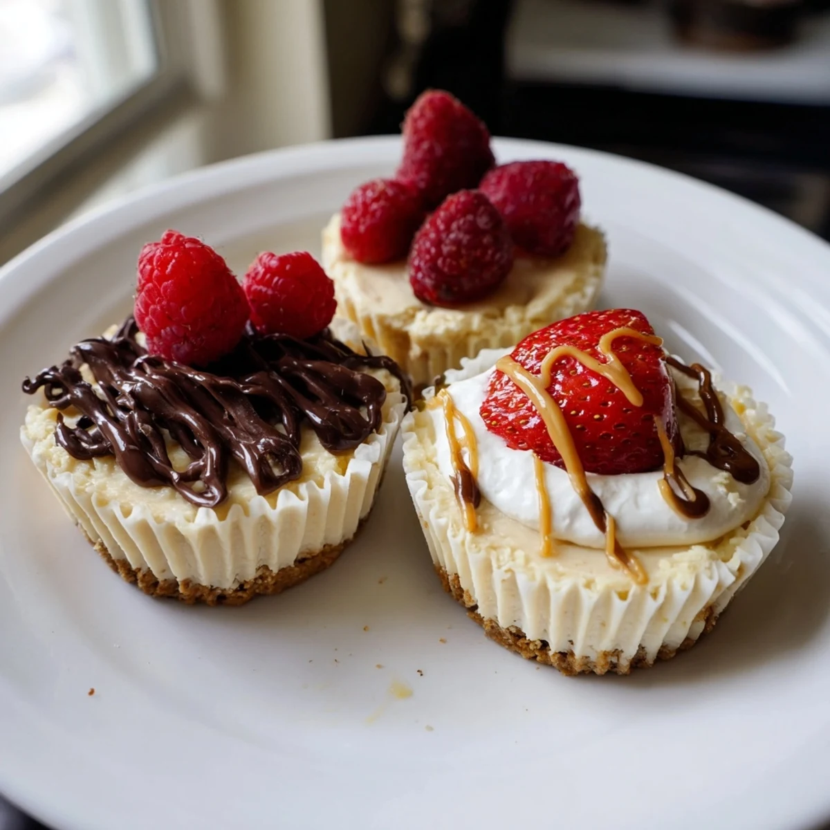 Creamy mini cheesecakes topped with fresh berries on a rustic baking sheet