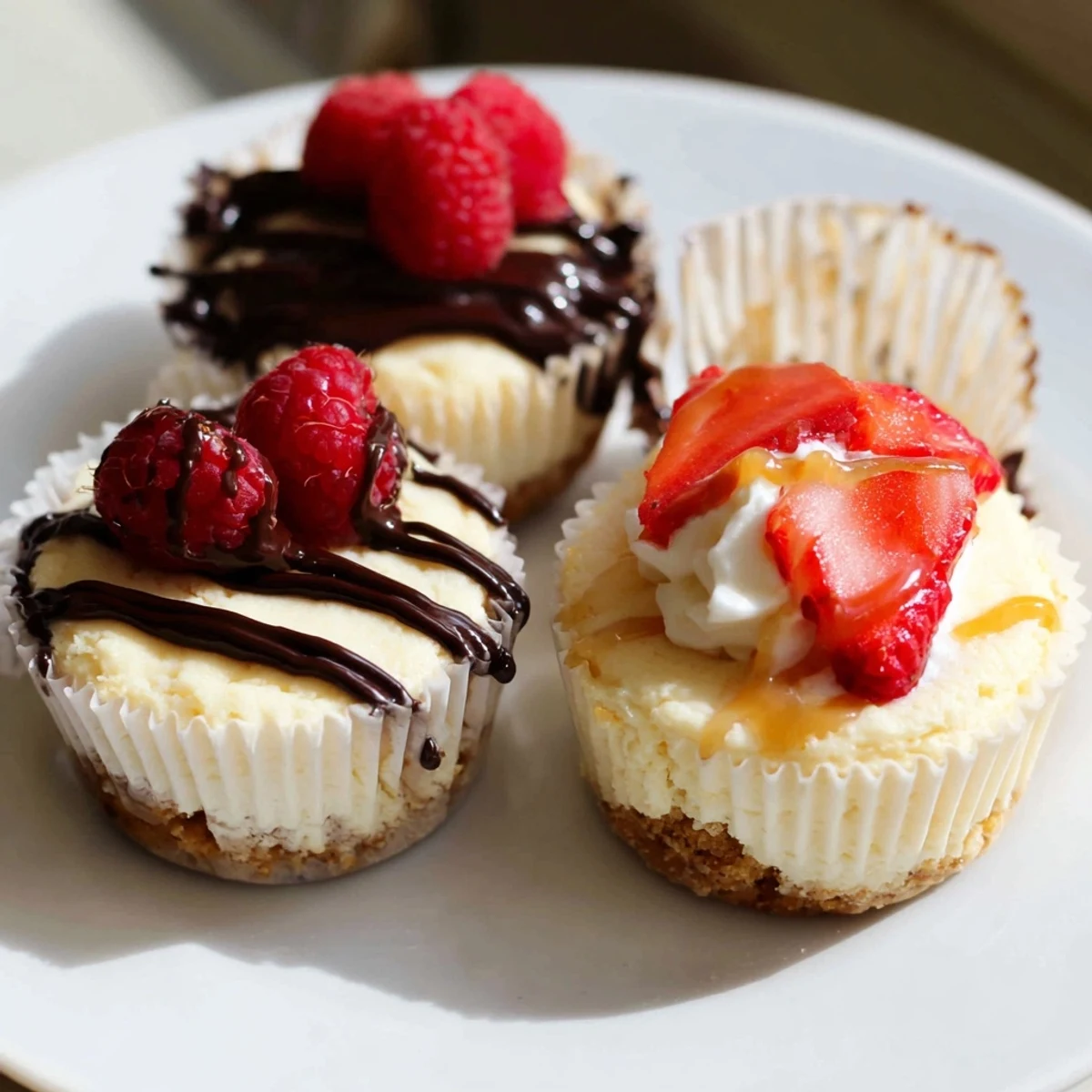 Individual mini cheesecakes drizzled with caramel and crowned with whipped cream