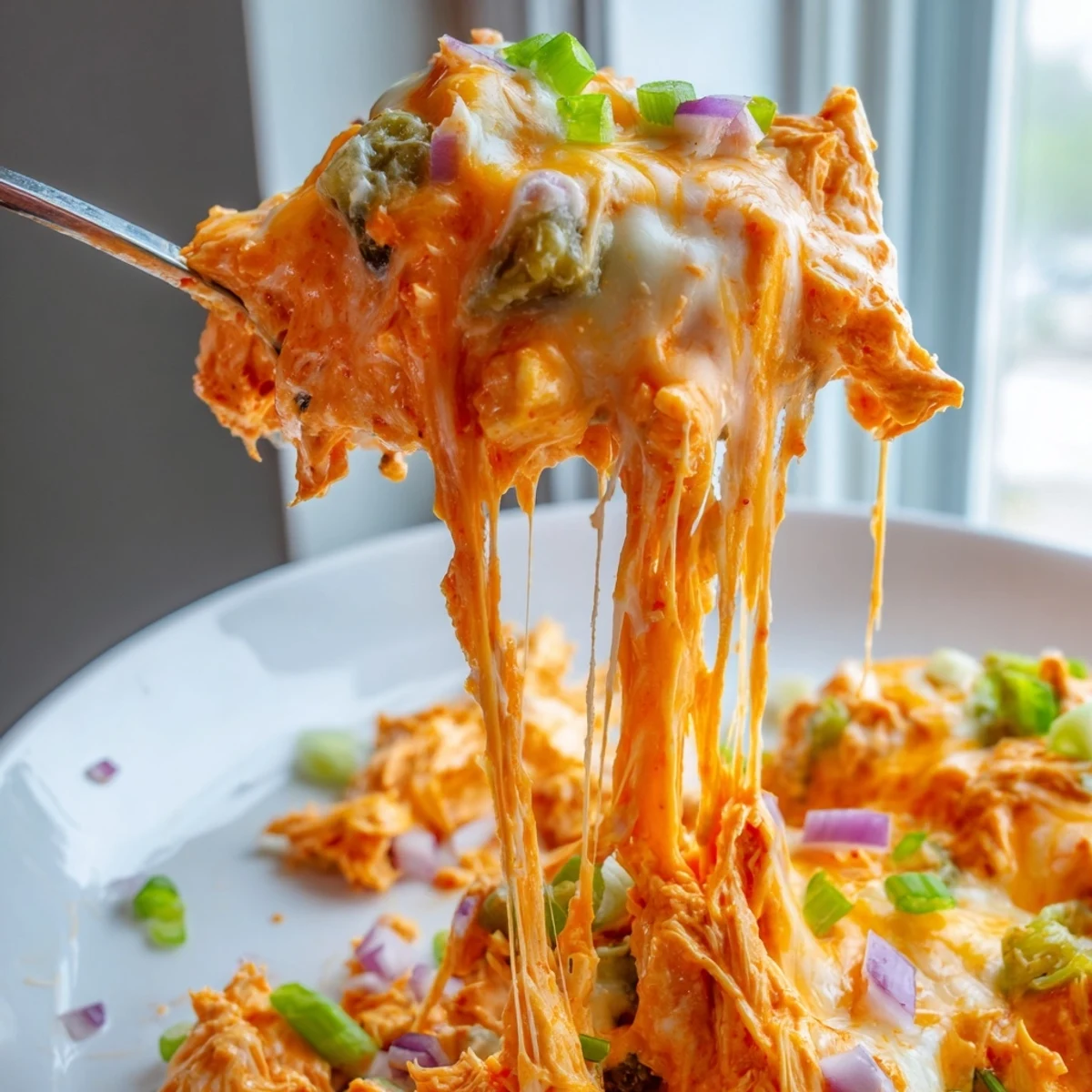 Spicy Jalapeno Buffalo Chicken Casserole in a rustic 9x13 baking dish ready to serve