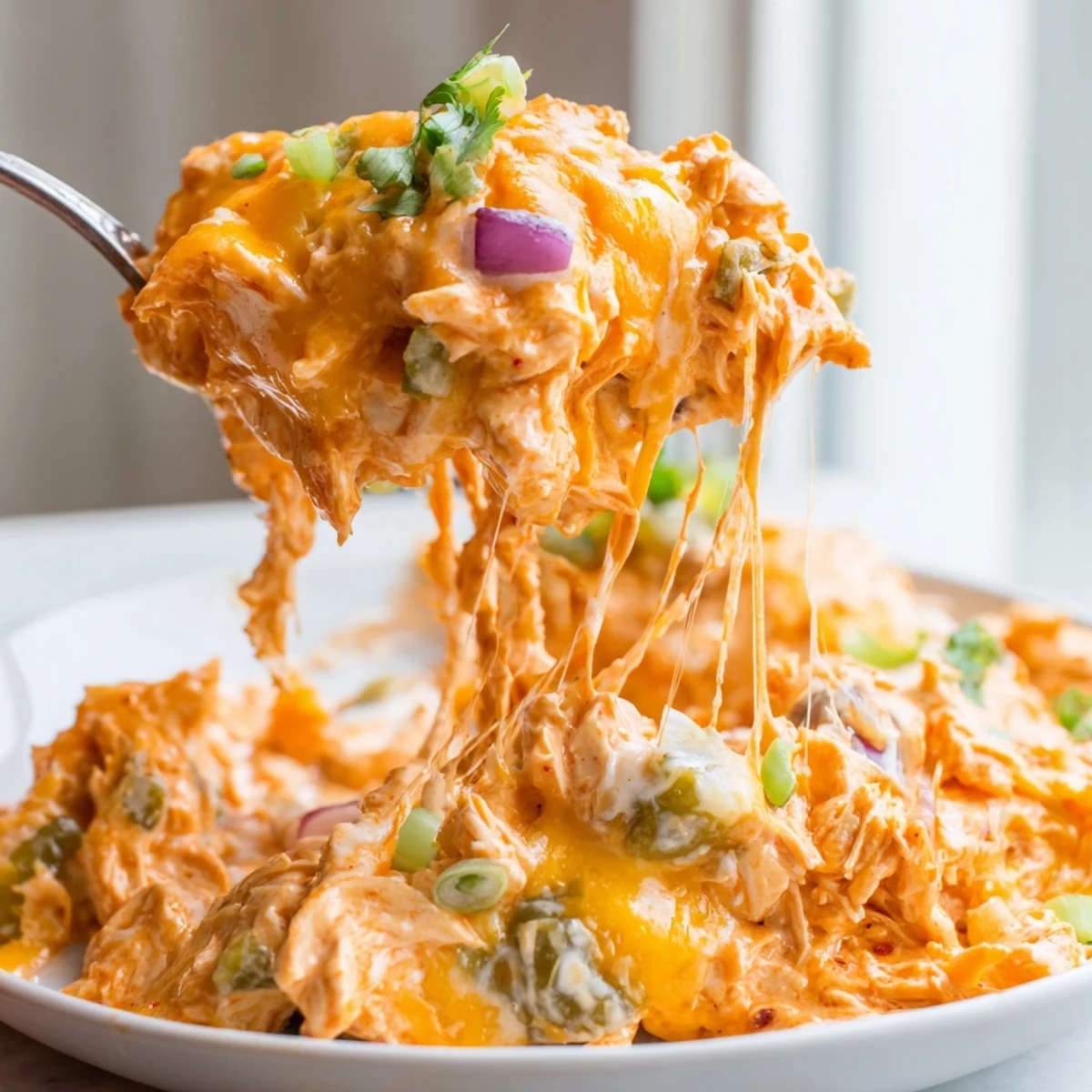 Creamy Jalapeno Buffalo Chicken Casserole bubbling with golden melted cheddar on top