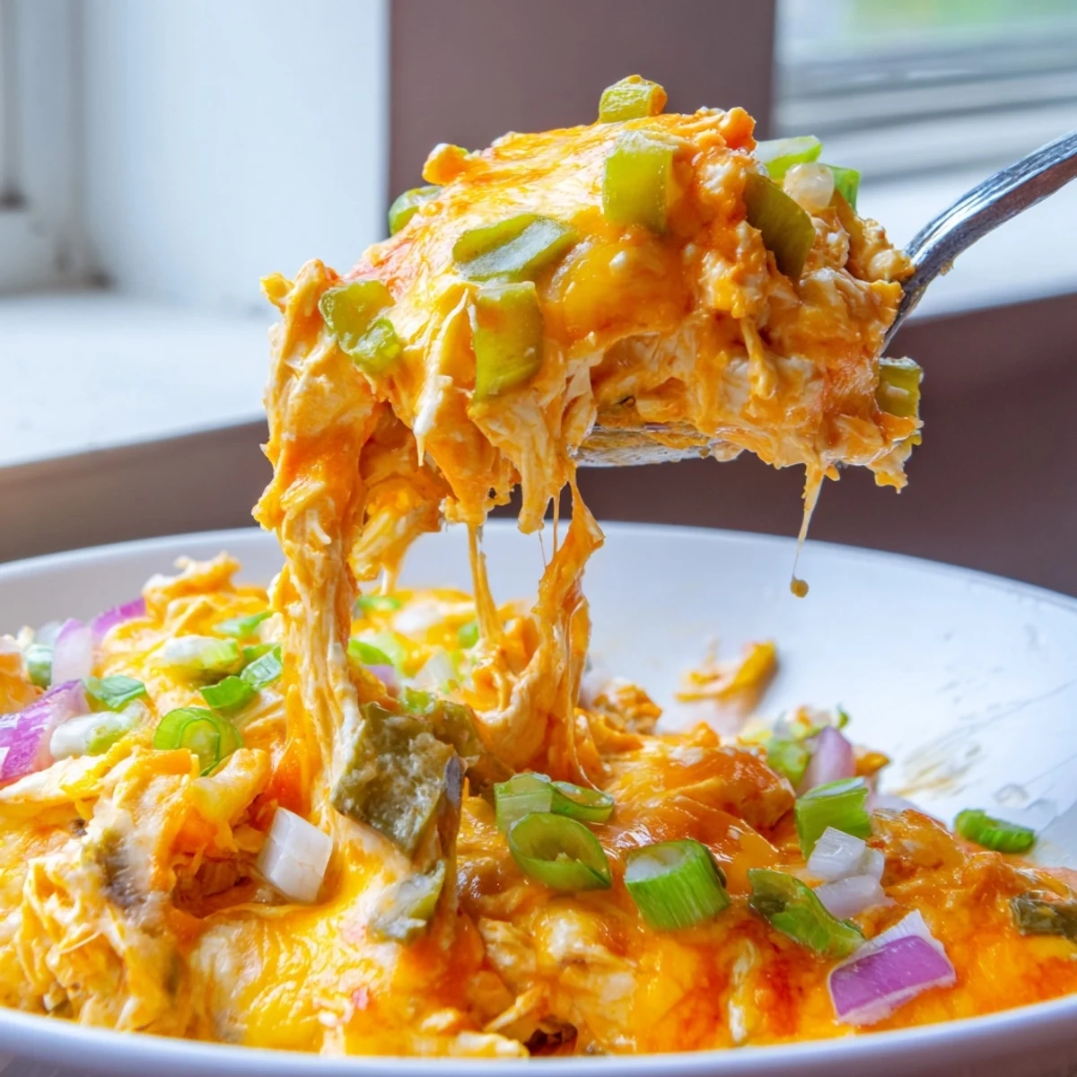 Golden baked Jalapeno Buffalo Chicken Casserole garnished with fresh green onions and cilantro