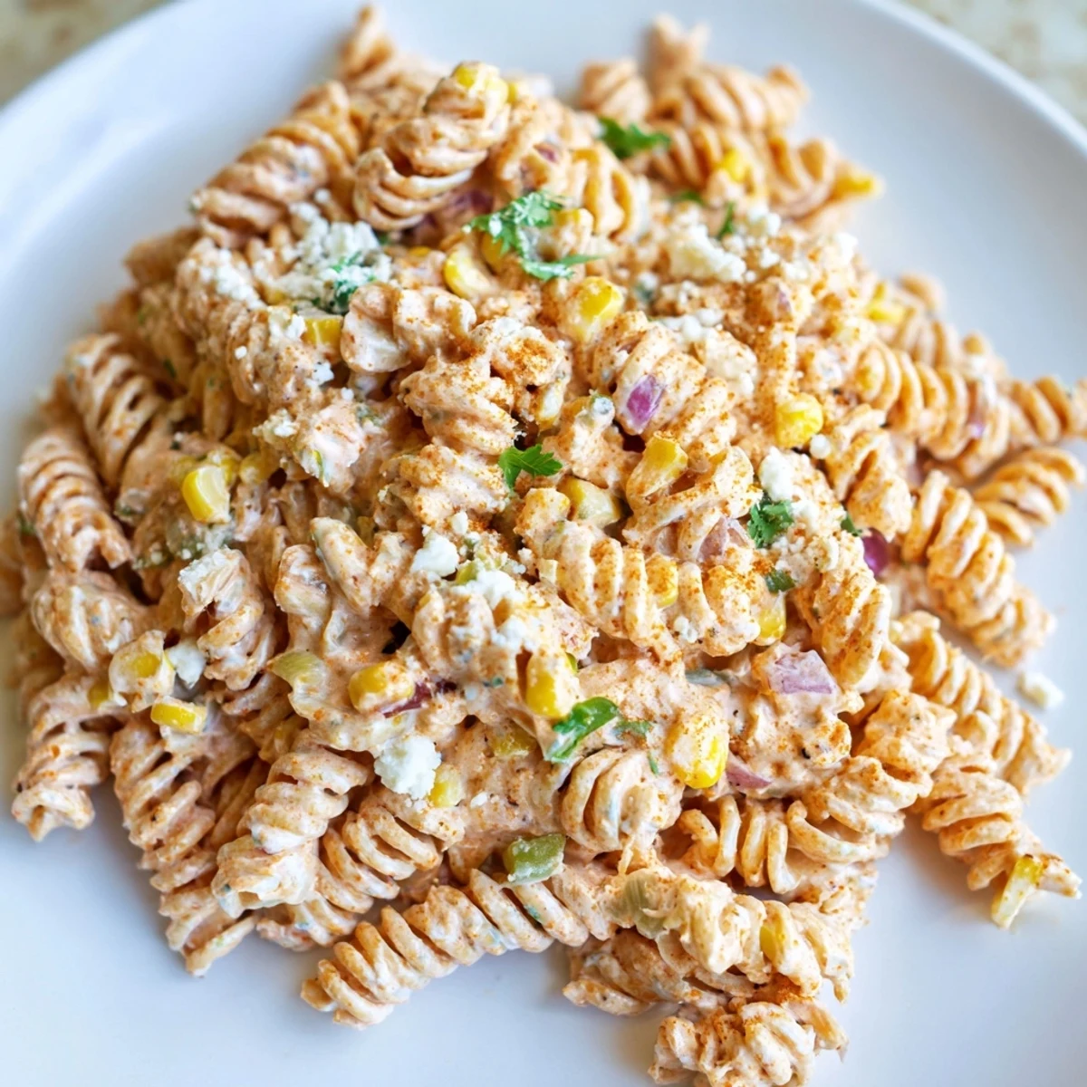 Creamy elote pasta salad topped with crumbled cotija cheese and fresh cilantro