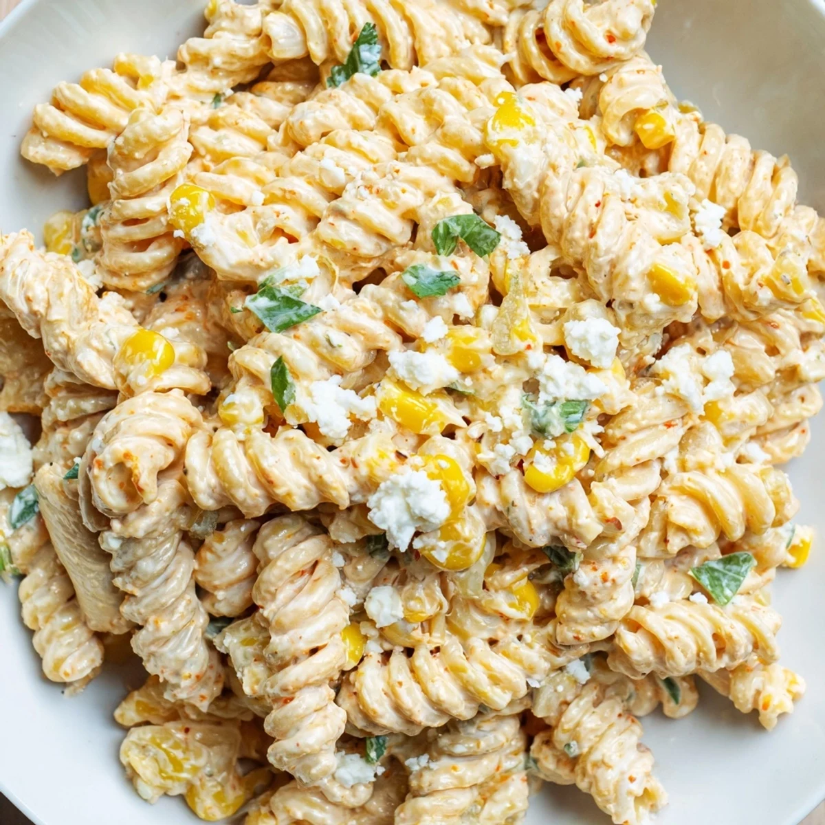 Vibrant elote pasta salad in a smoky lime dressing studded with sweet golden corn kernels