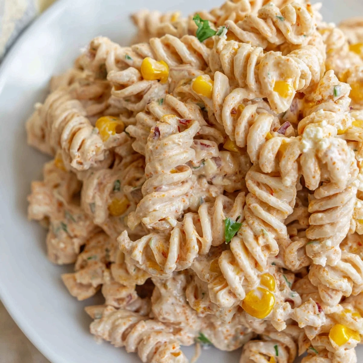 Chilled elote pasta salad served in a rustic bowl with lime wedges and chili dust