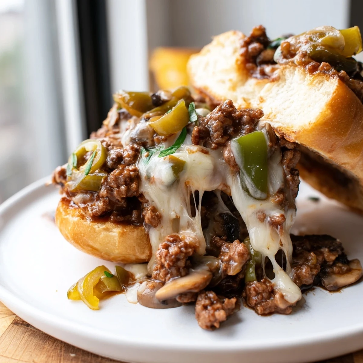 Cheesy Philly Sloppy Joes with melted provolone dripping over a toasted brioche bun