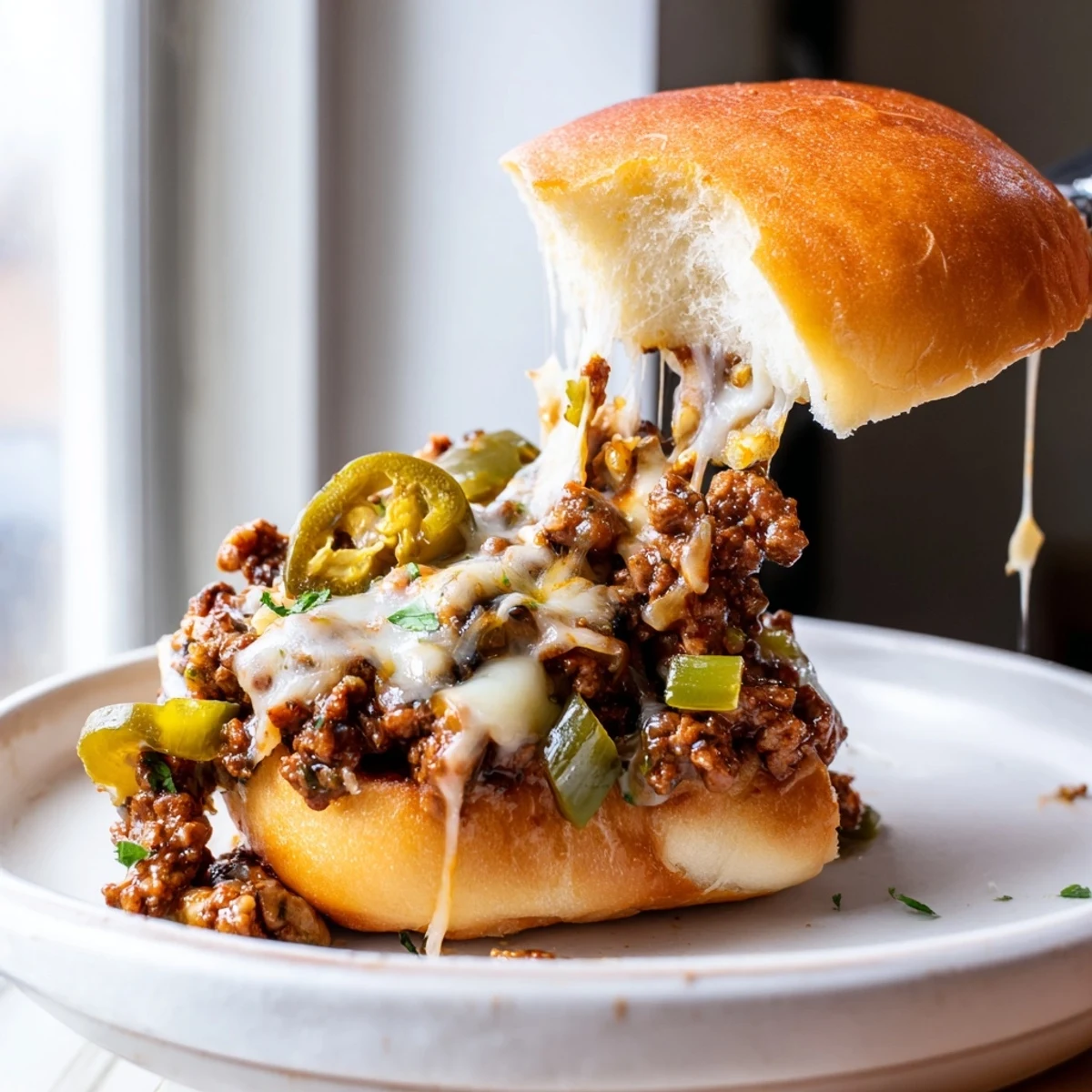 Juicy ground beef and sautéed peppers piled into cheesy Philly Sloppy Joes