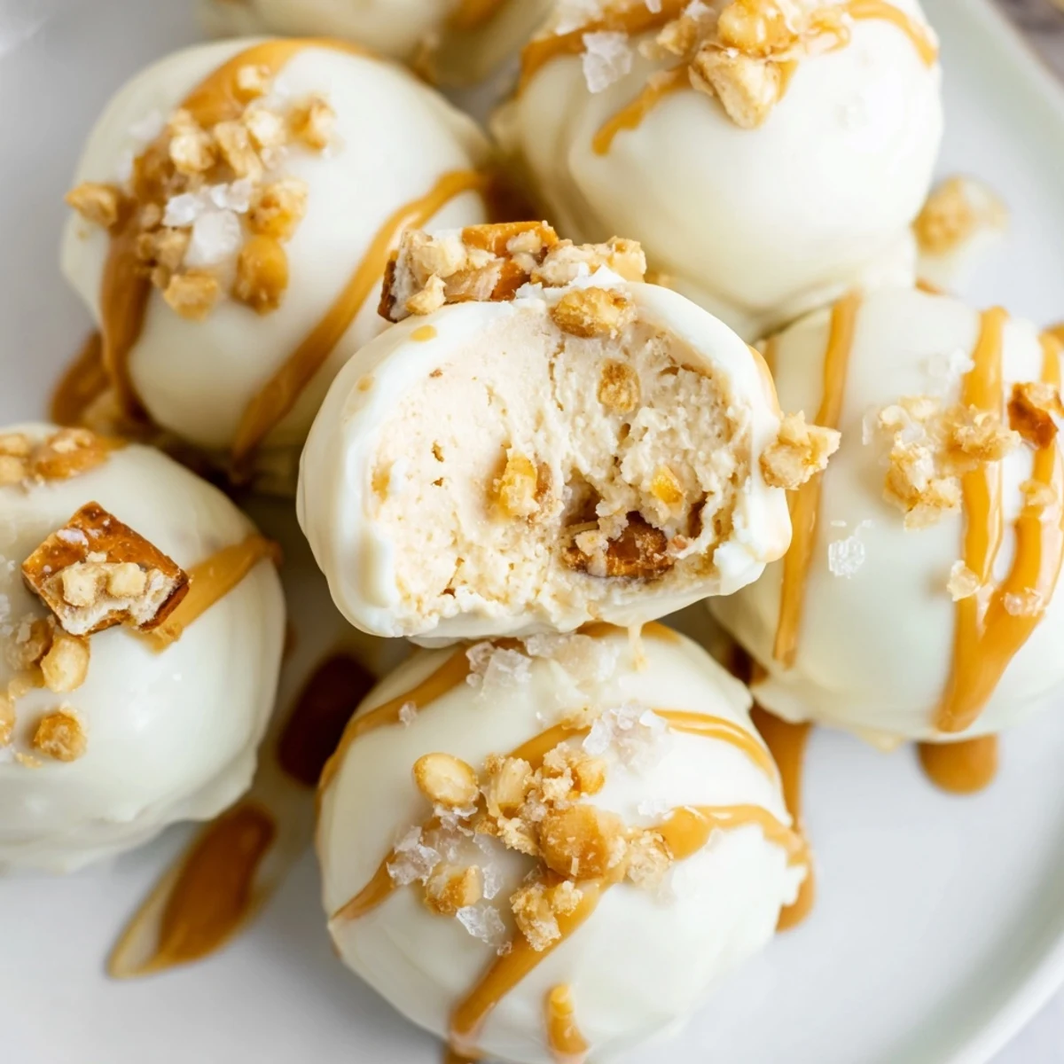 Creamy salted caramel pretzel cheesecake balls drizzled with golden caramel on a rustic tray