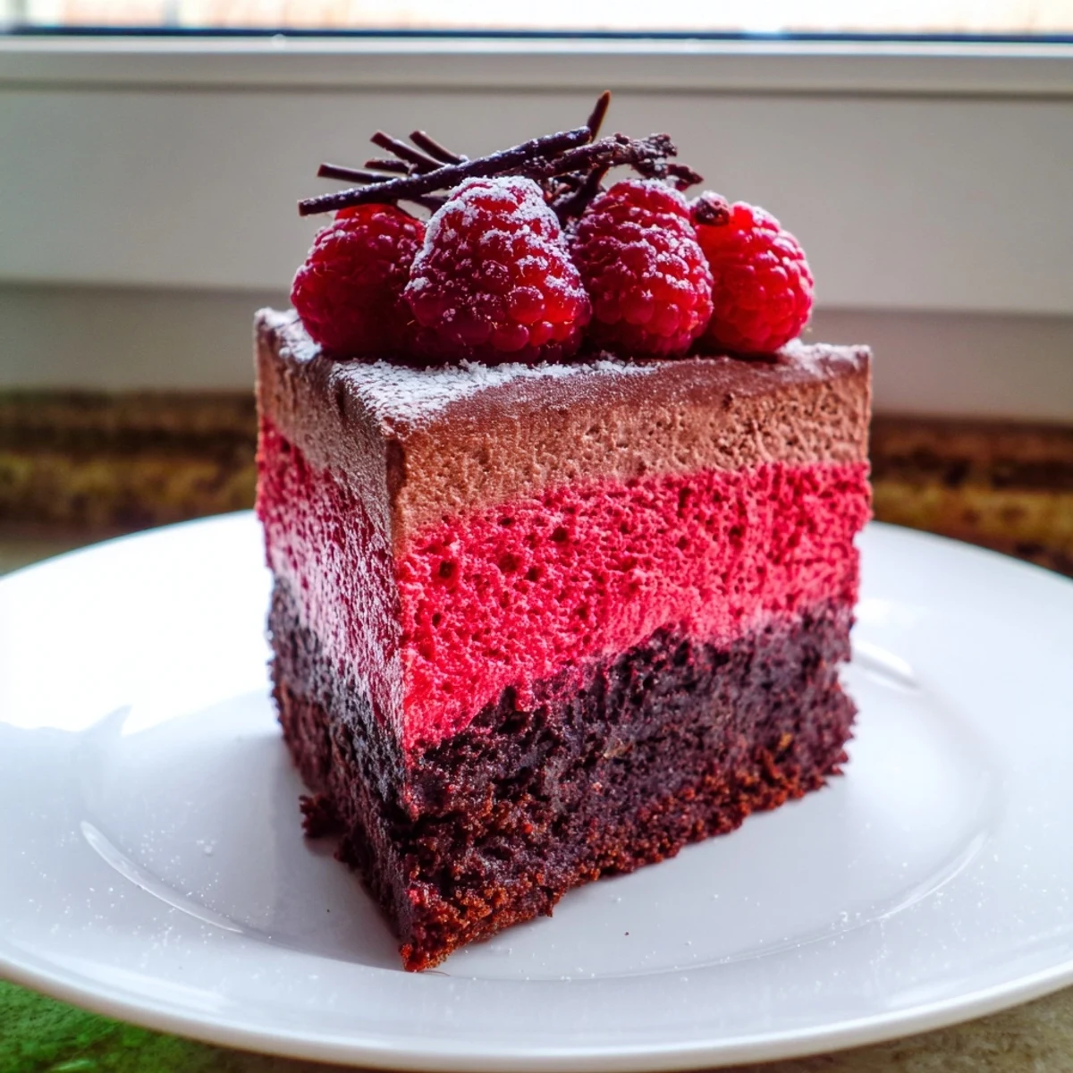 Tall slice of raspberry chocolate mousse cake showing dark layers and fresh berries