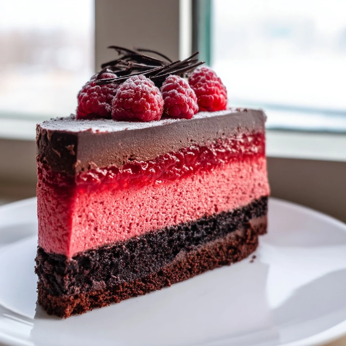 Rich chocolate mousse cake topped with glossy raspberries and delicate chocolate curls