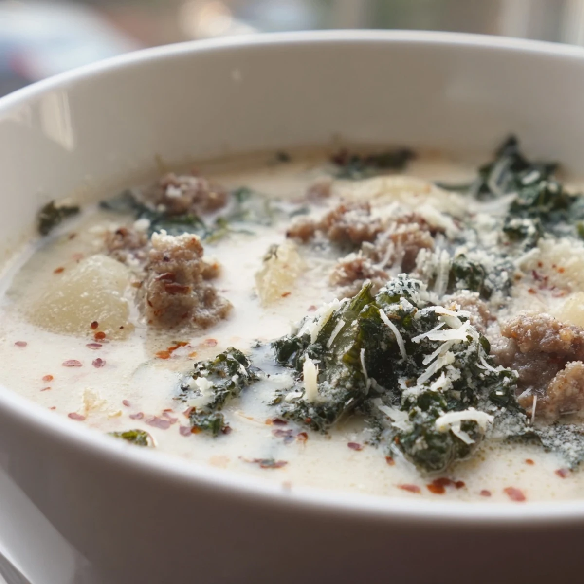 Creamy Zuppa Toscana soup loaded with sausage, potatoes, and tender kale.