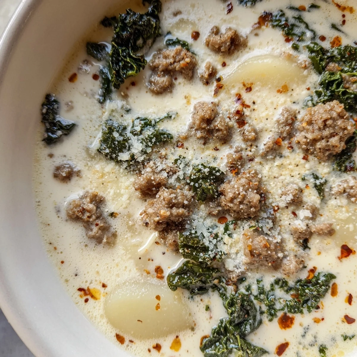 Hearty Zuppa Toscana soup in a rustic bowl, topped with Parmesan cheese.