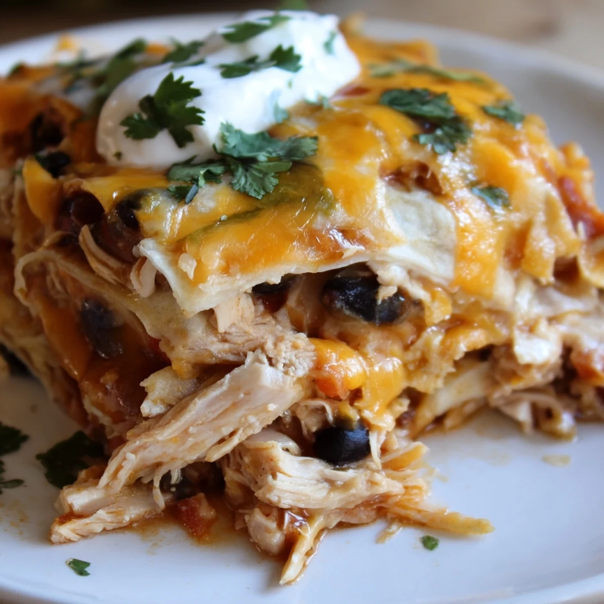Golden bubbling chicken burrito casserole fresh from the oven with melted cheddar cheese