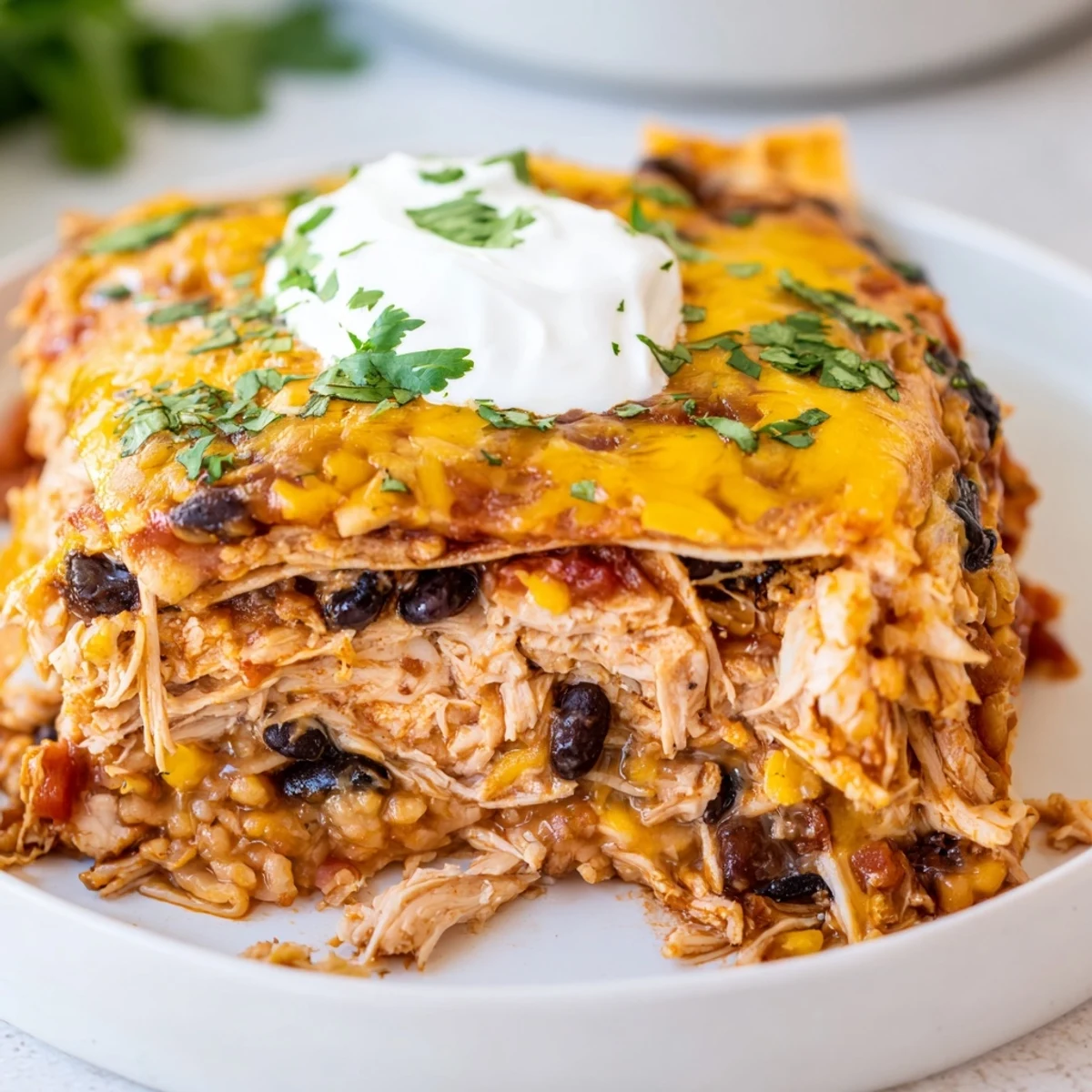 Creamy chicken burrito casserole layered with beans rice salsa and gooey cheese
