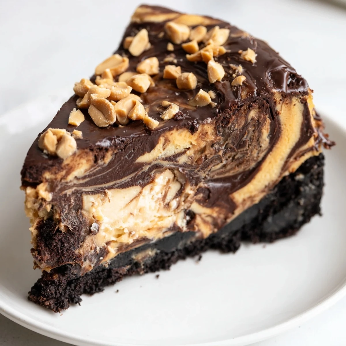 Creamy chocolate peanut butter cheesecake with swirled filling on a cookie crust
