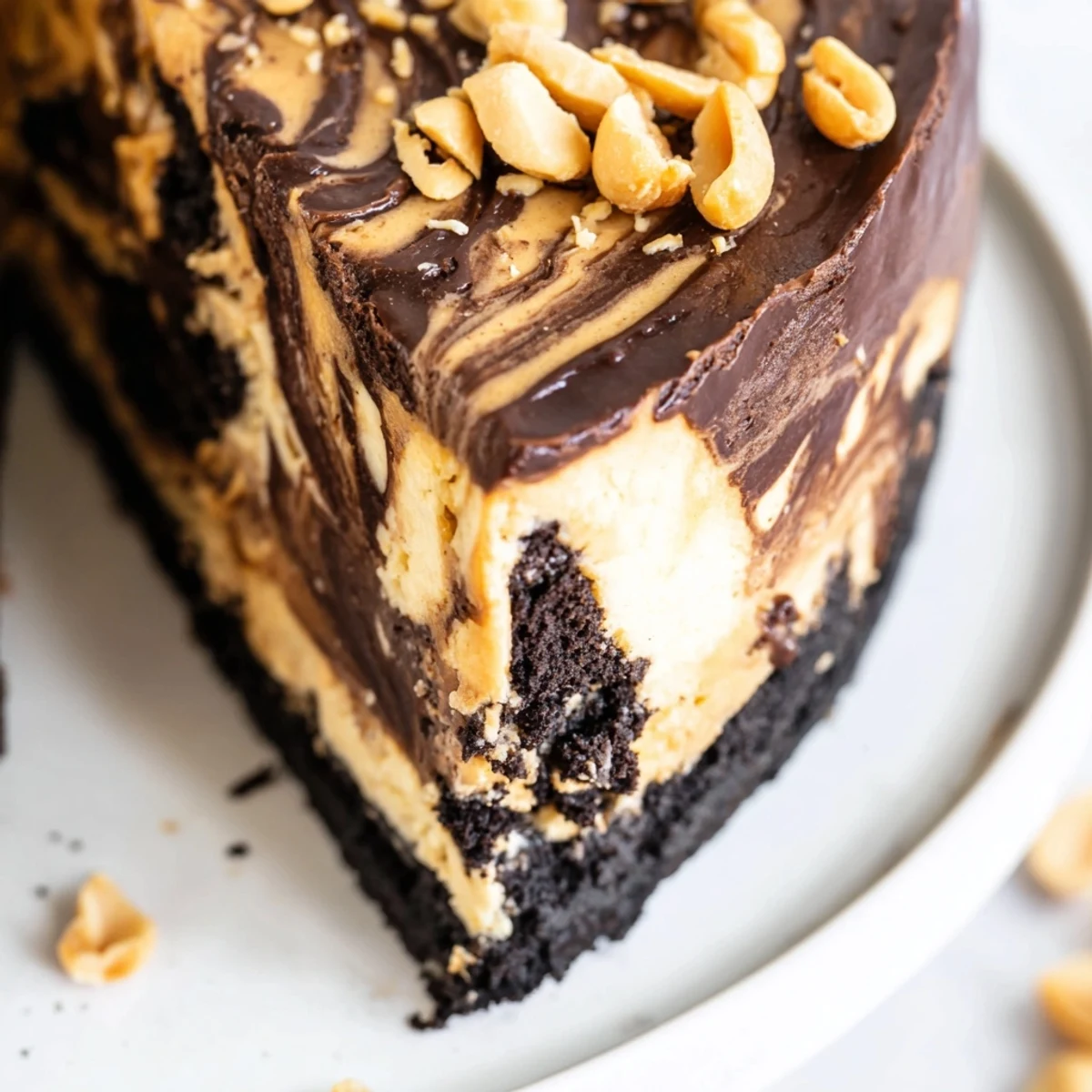 Glossy chocolate-topped chocolate peanut butter cheesecake garnished with chopped roasted peanuts