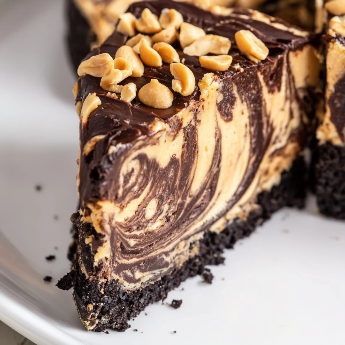Rich chocolate peanut butter cheesecake sliced to reveal a marbled cream cheese interior