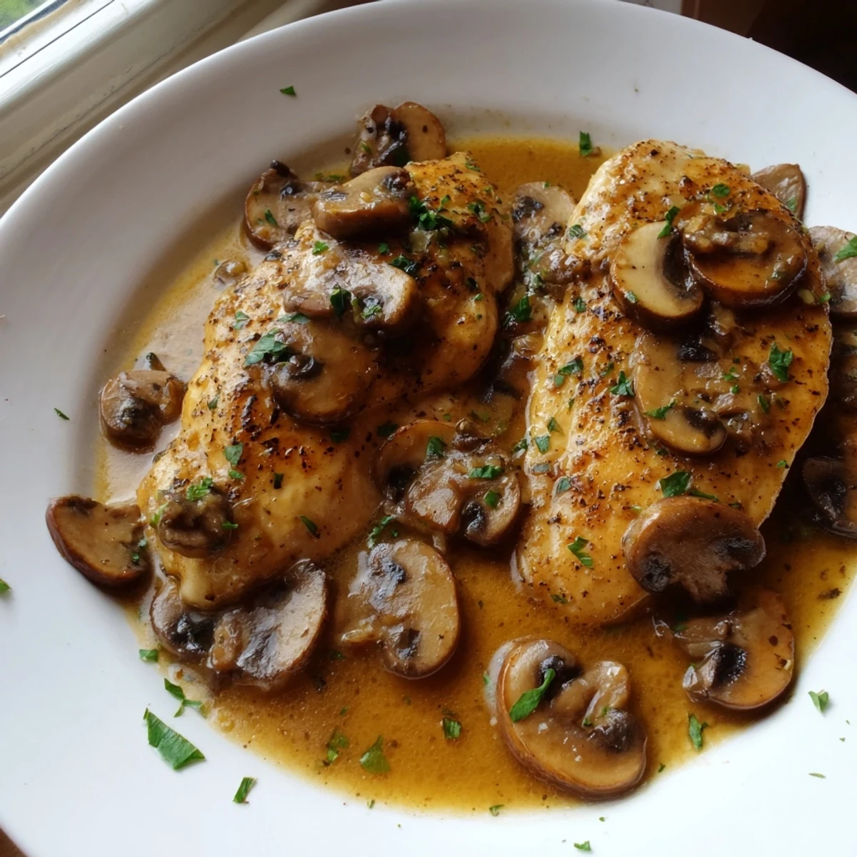 Golden pan-seared dairy free chicken marsala smothered in a rich mushroom wine sauce