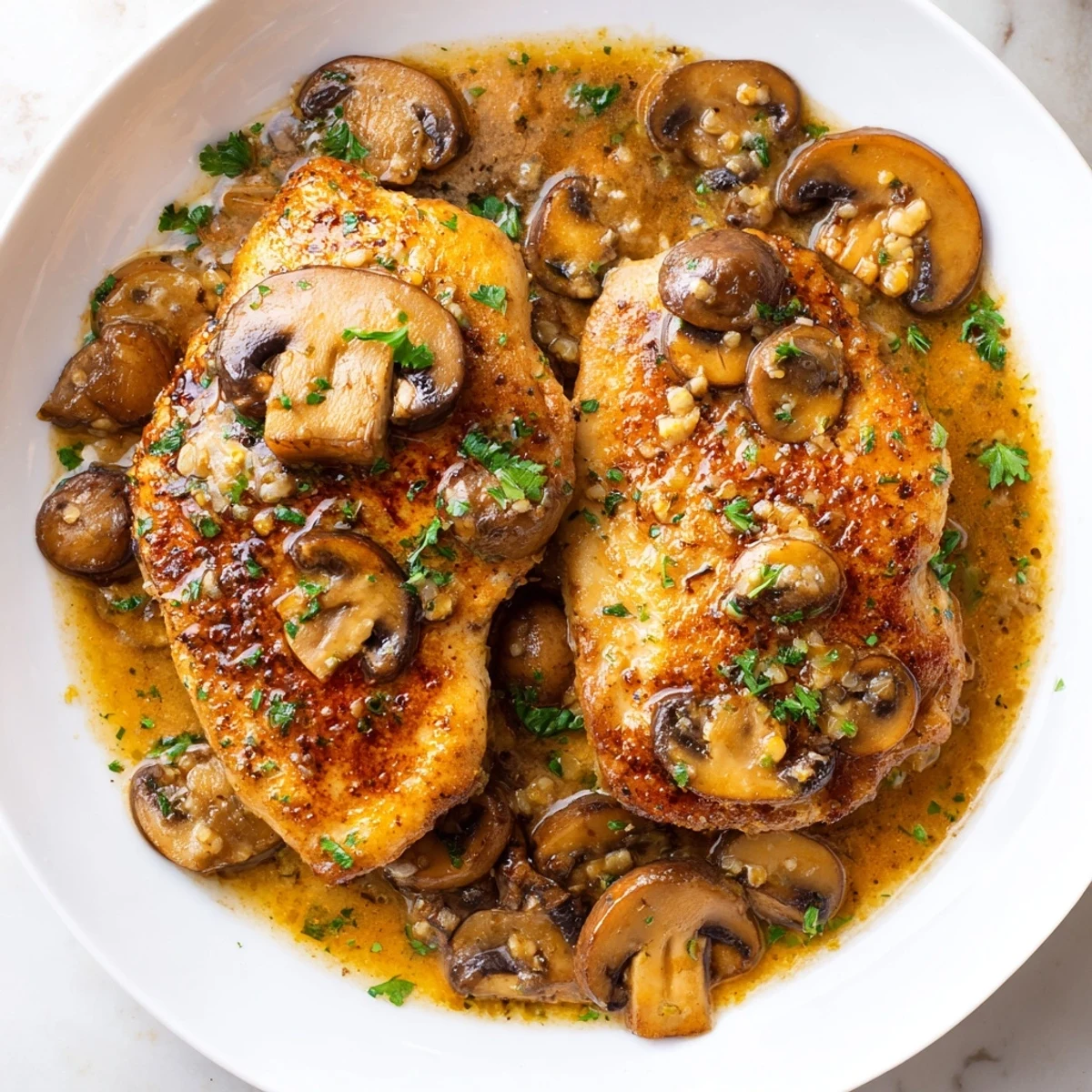 Tender dairy free chicken marsala with caramelized cremini mushrooms in a glossy skillet sauce