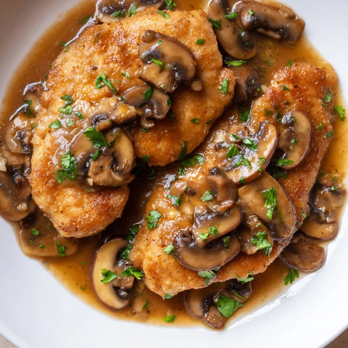 Creamy looking dairy free chicken marsala plated over pasta with fresh chopped parsley garnish