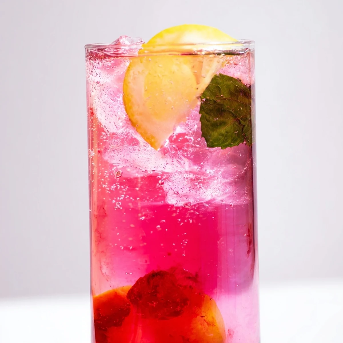 Sparkling honey lemon pink soda poured over ice with fresh mint garnish