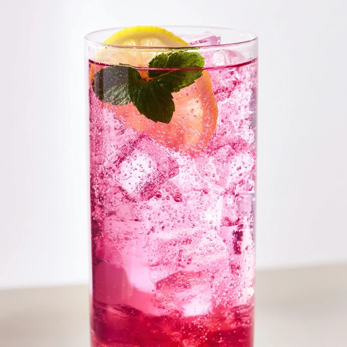 Vibrant honey lemon pink soda in a glass with lemon slices and raspberries