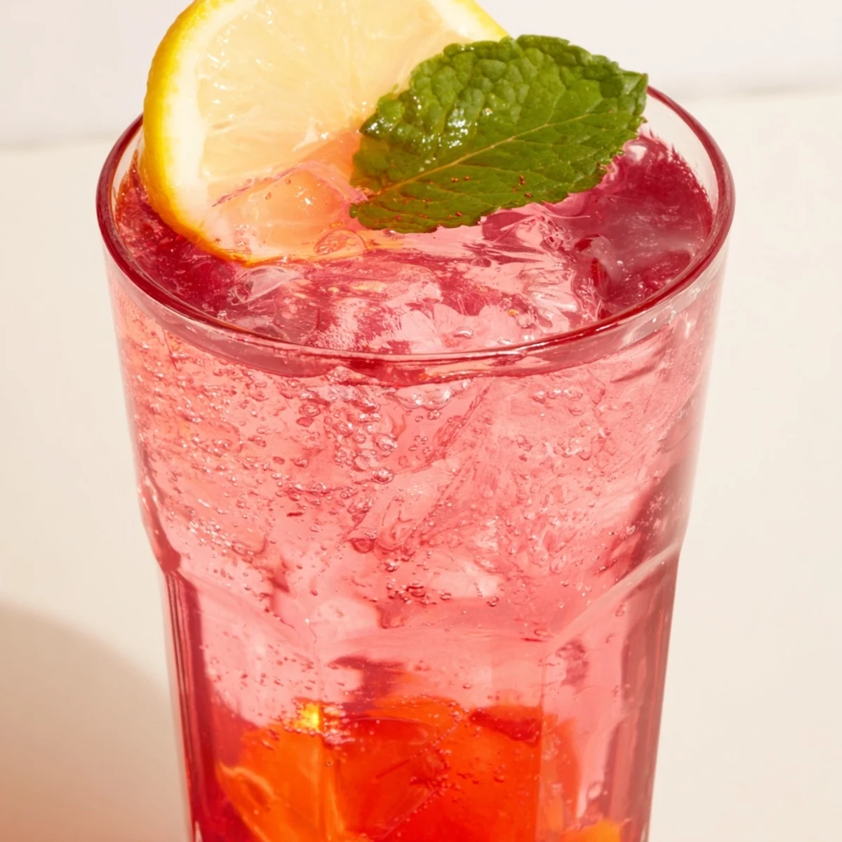 Refreshing honey lemon pink soda topped with bubbles and served in a tall glass