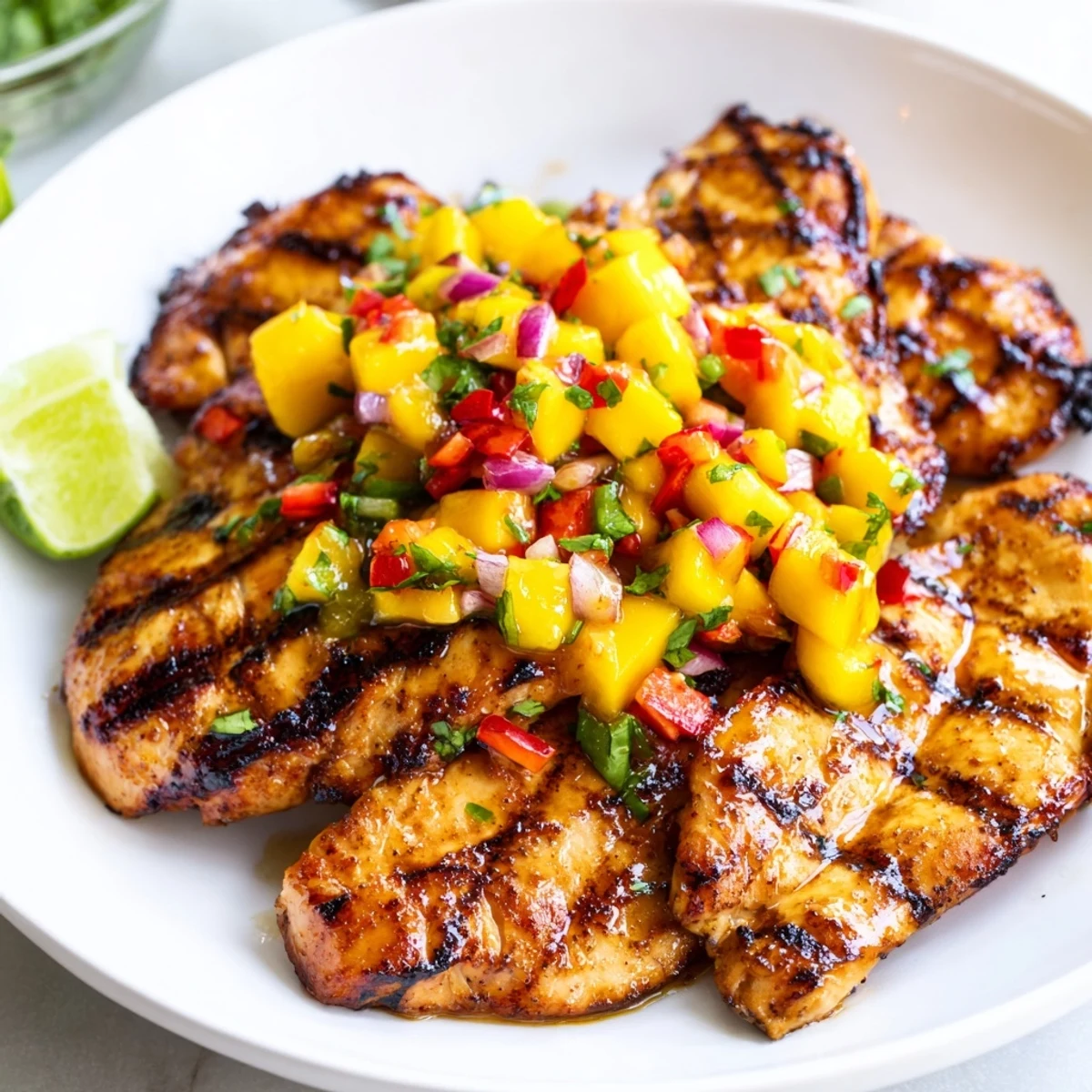 Juicy honey lime chicken with mango salsa on a white plate, garnished with cilantro