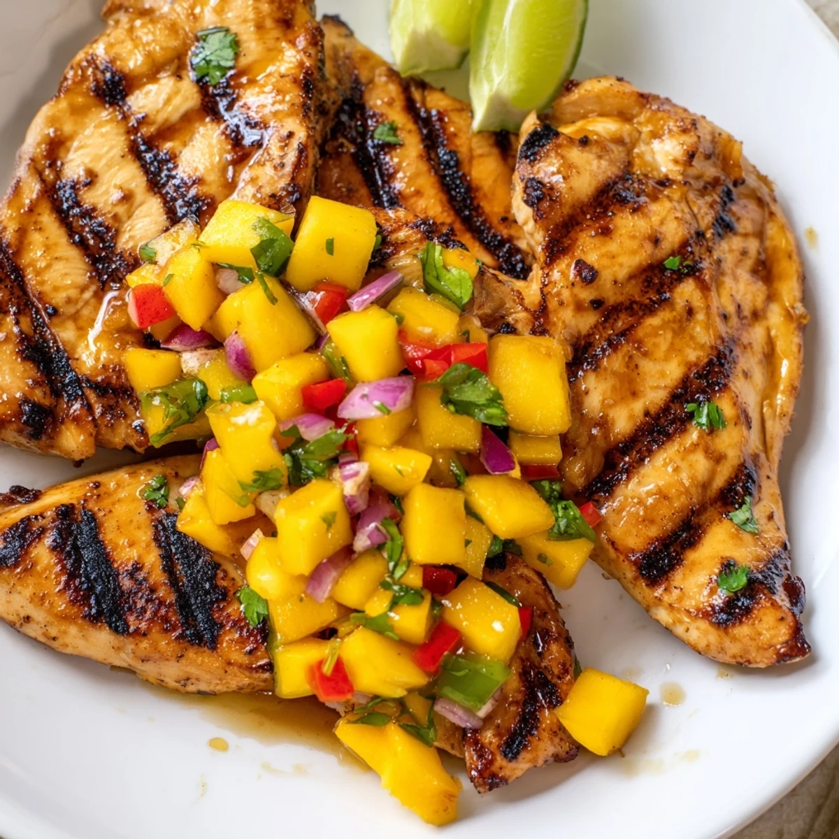 Golden grilled honey lime chicken breasts topped with colorful, fresh mango salsa