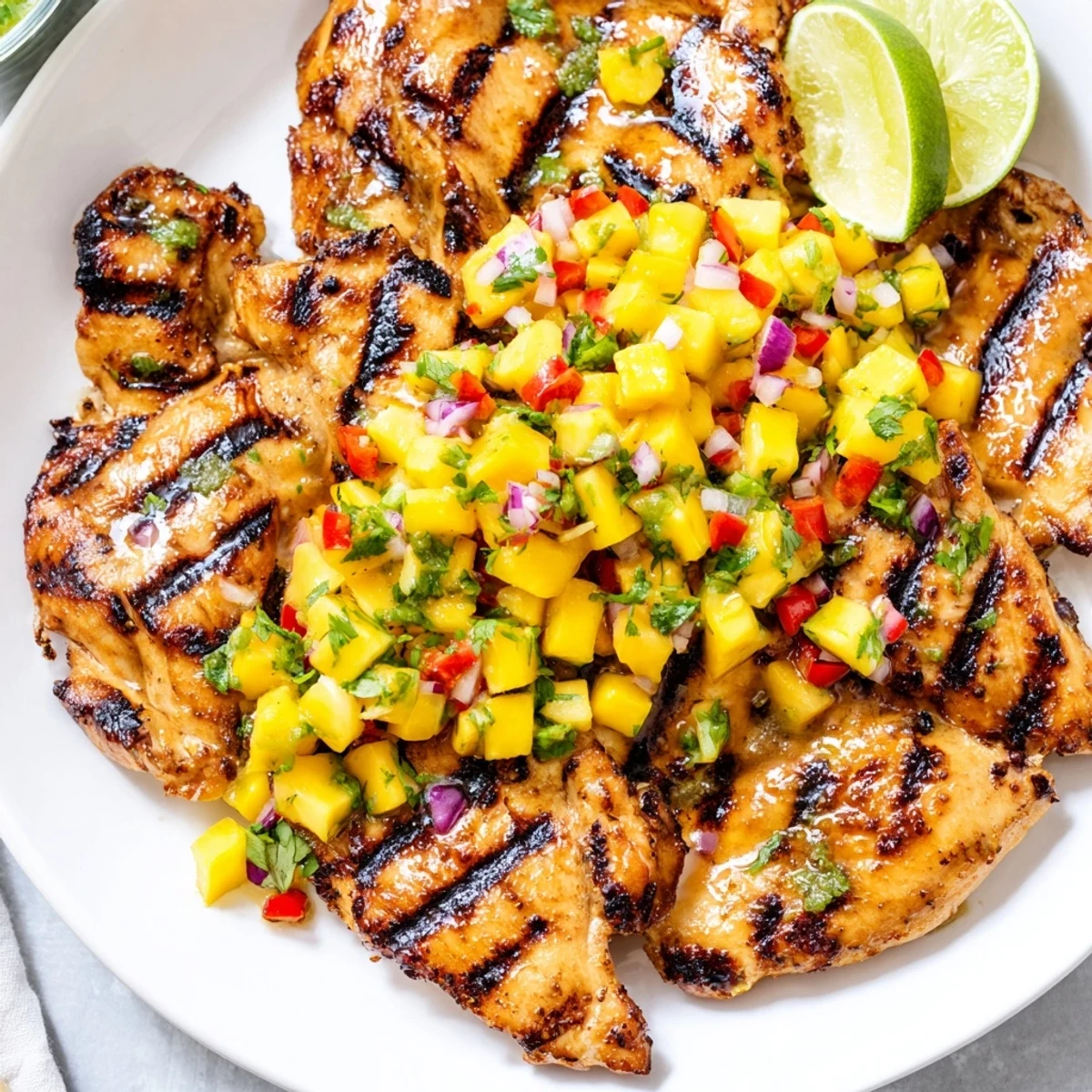 Tender honey lime chicken sliced alongside vibrant mango salsa with lime wedges