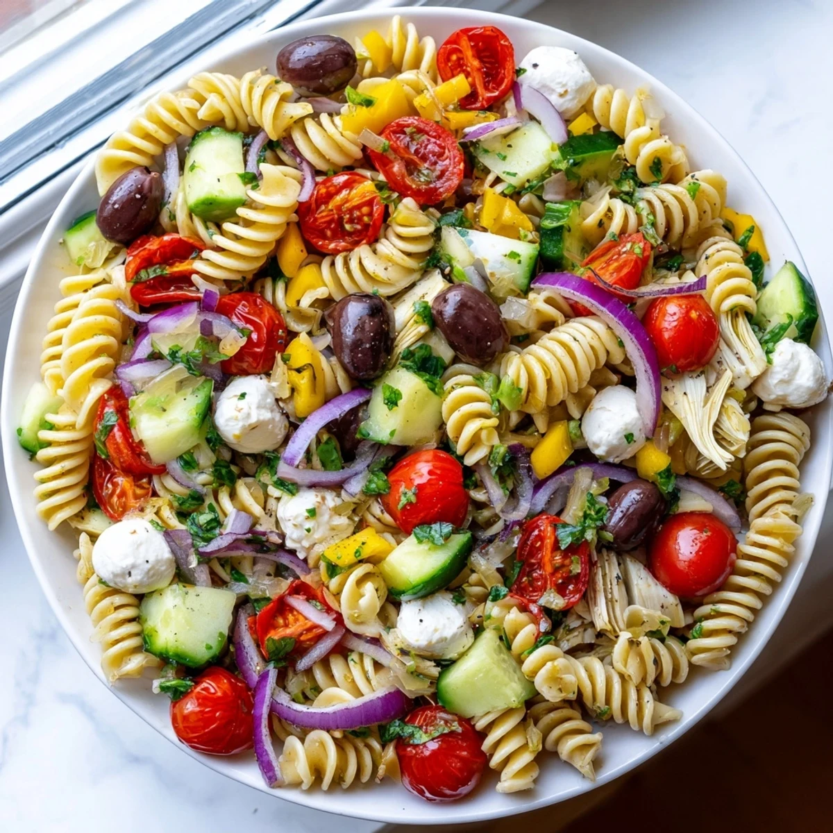 Colorful vegetarian Italian pasta salad loaded with fresh vegetables and tangy vinaigrette in a serving bowl