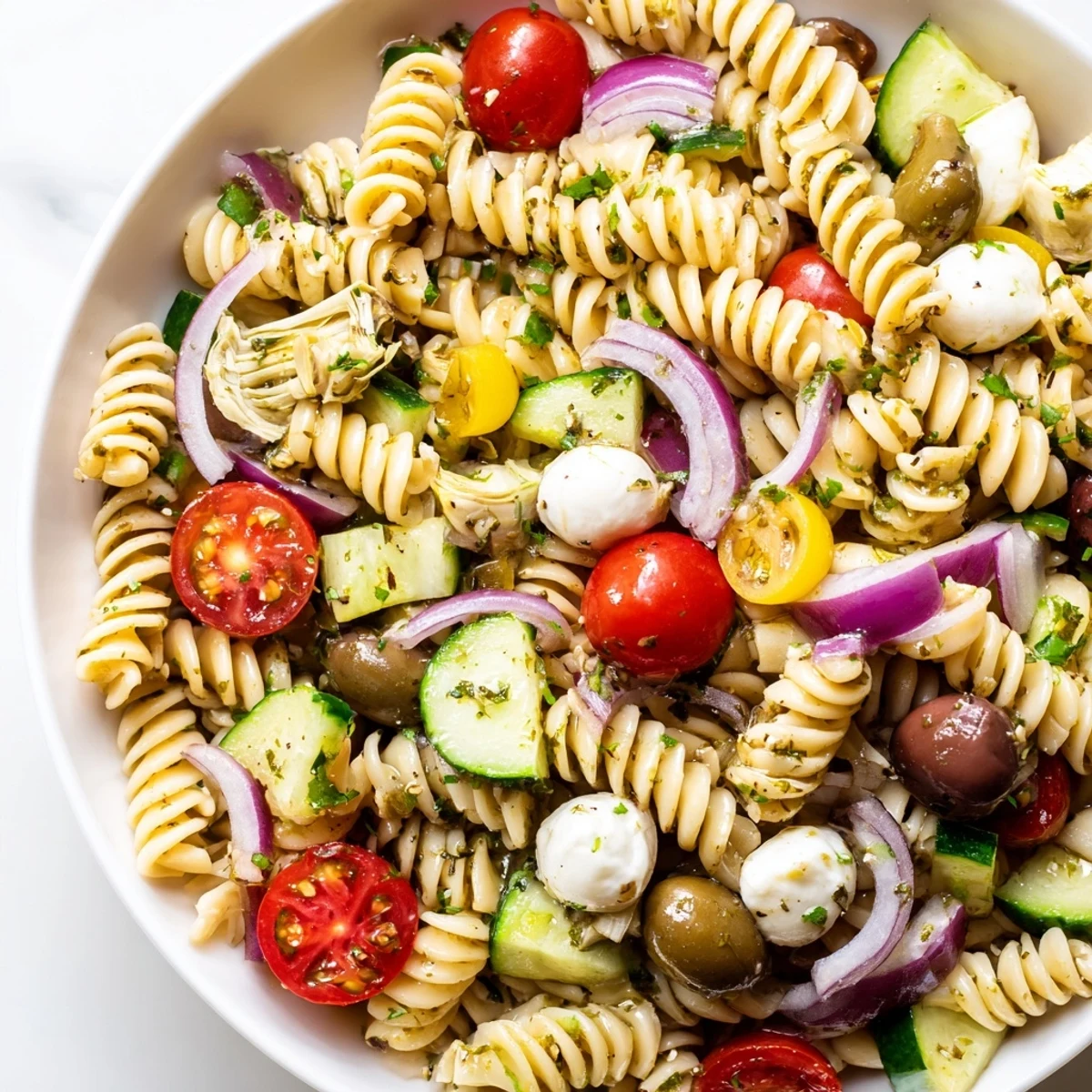 Vegetarian Italian pasta salad tossed with cherry tomatoes, mozzarella, and herbs on a rustic table