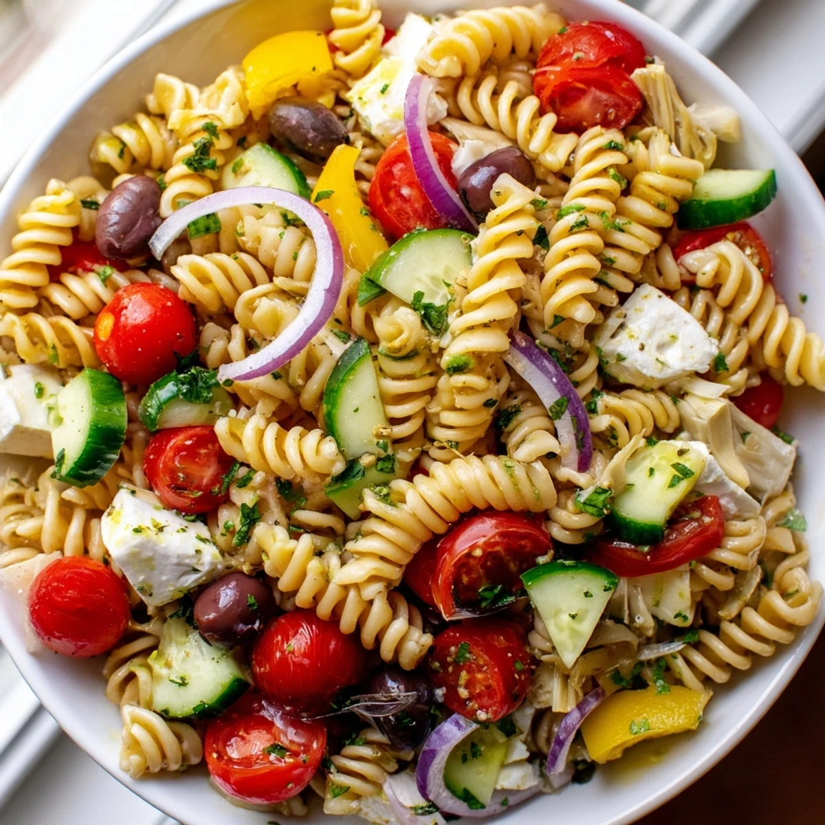Creamy mozzarella and vibrant bell peppers crown this chilled vegetarian Italian pasta salad ready for picnics