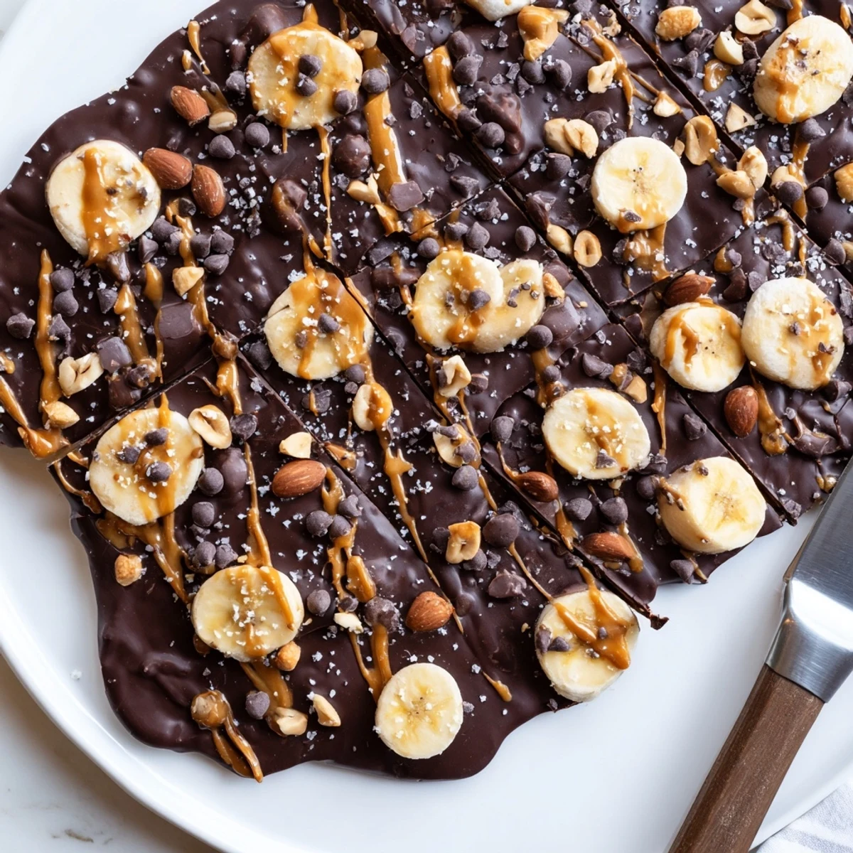 Rich chocolate banana bark topped with crushed nuts and flaky sea salt