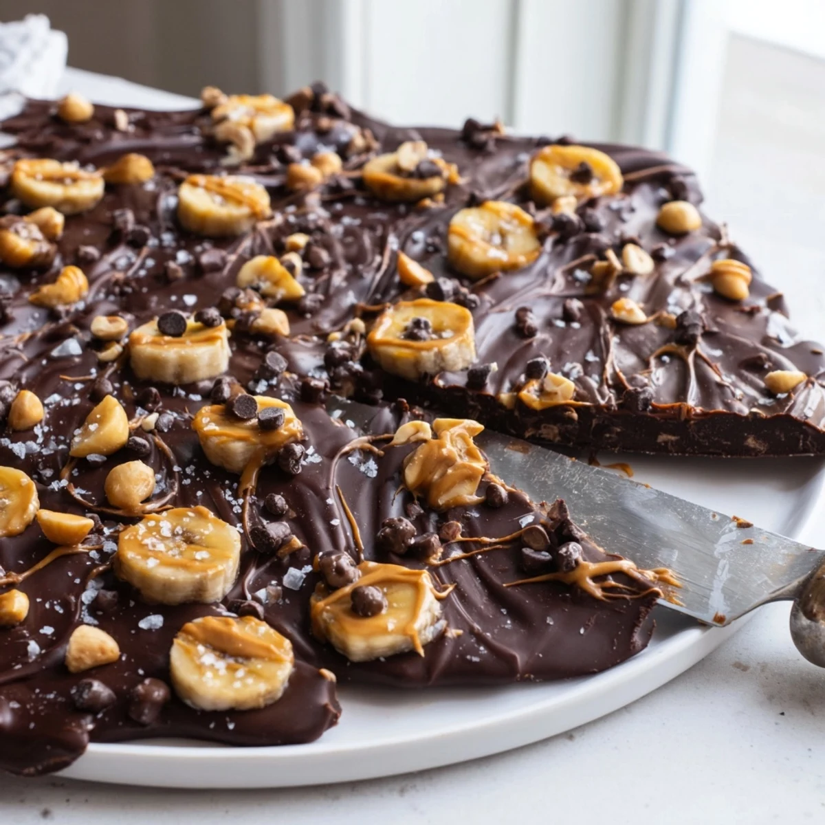 Silky dark chocolate covers sweet banana slices studded with crunchy peanut drizzle