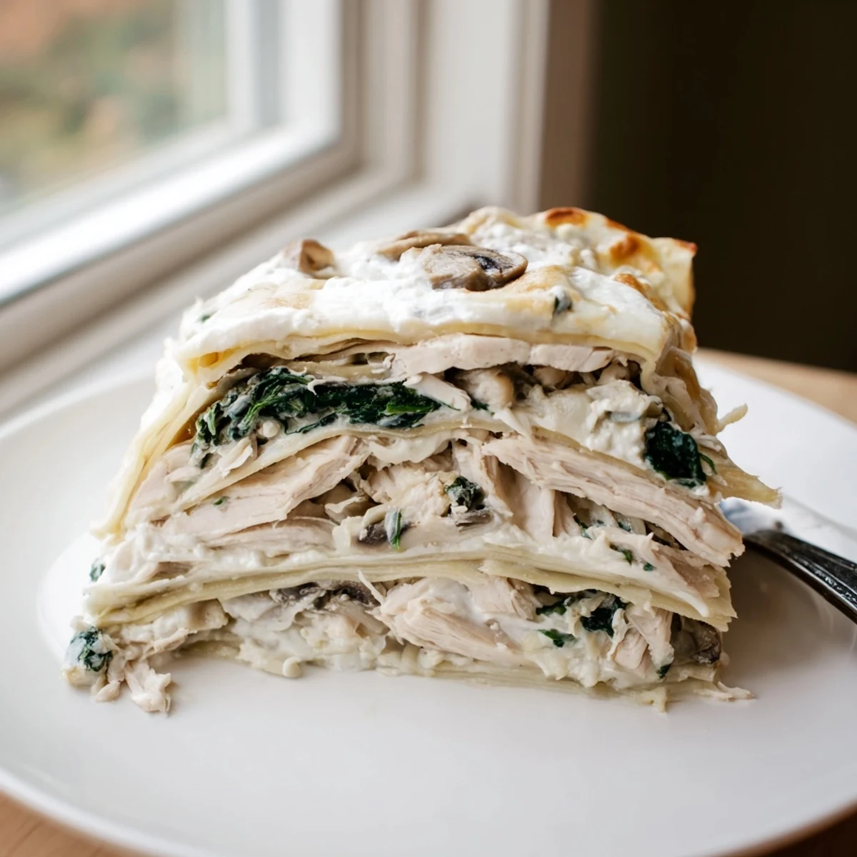 Creamy white chicken lasagna with golden bubbling cheese and tender spinach layers