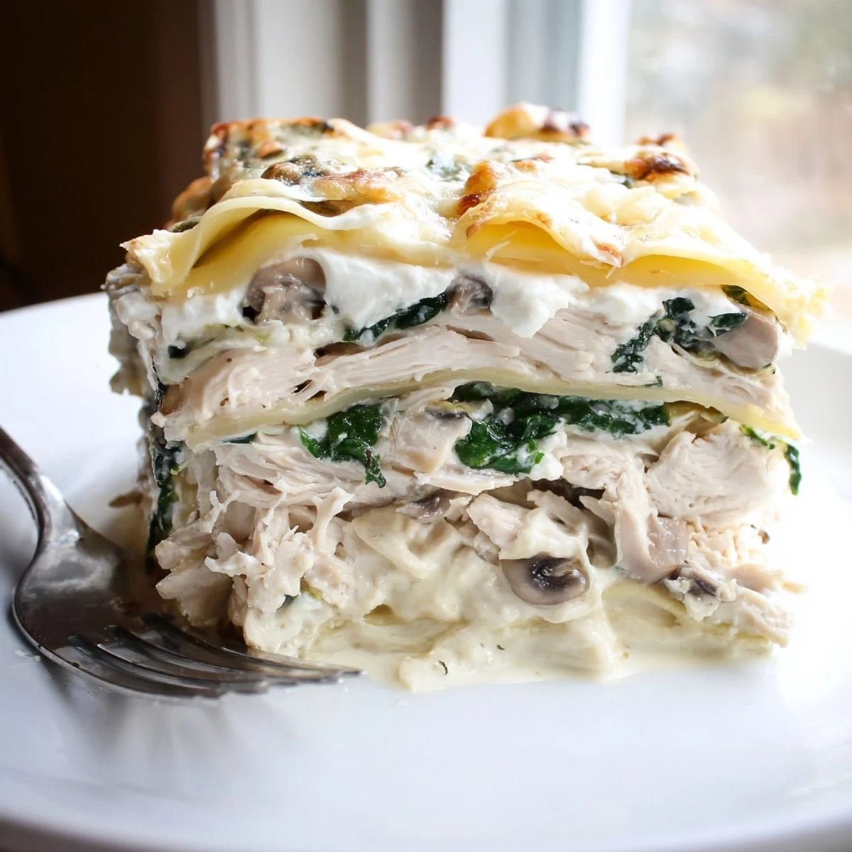 Baked white chicken lasagna sliced to reveal rich velvety sauce and melted mozzarella