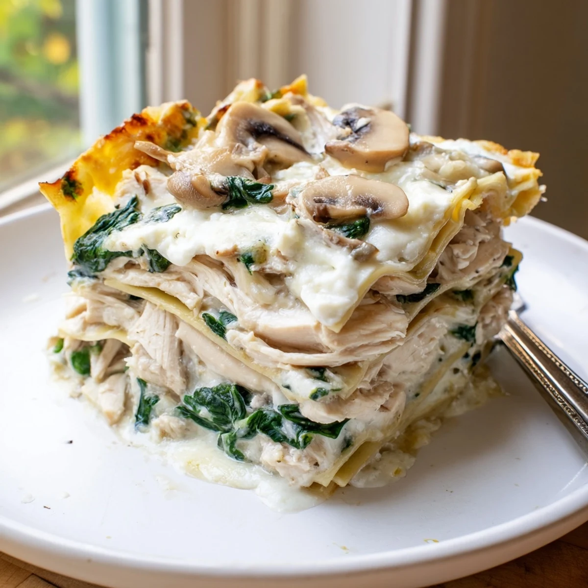 Steaming white chicken lasagna casserole topped with crispy Parmesan and herbs on rustic dish
