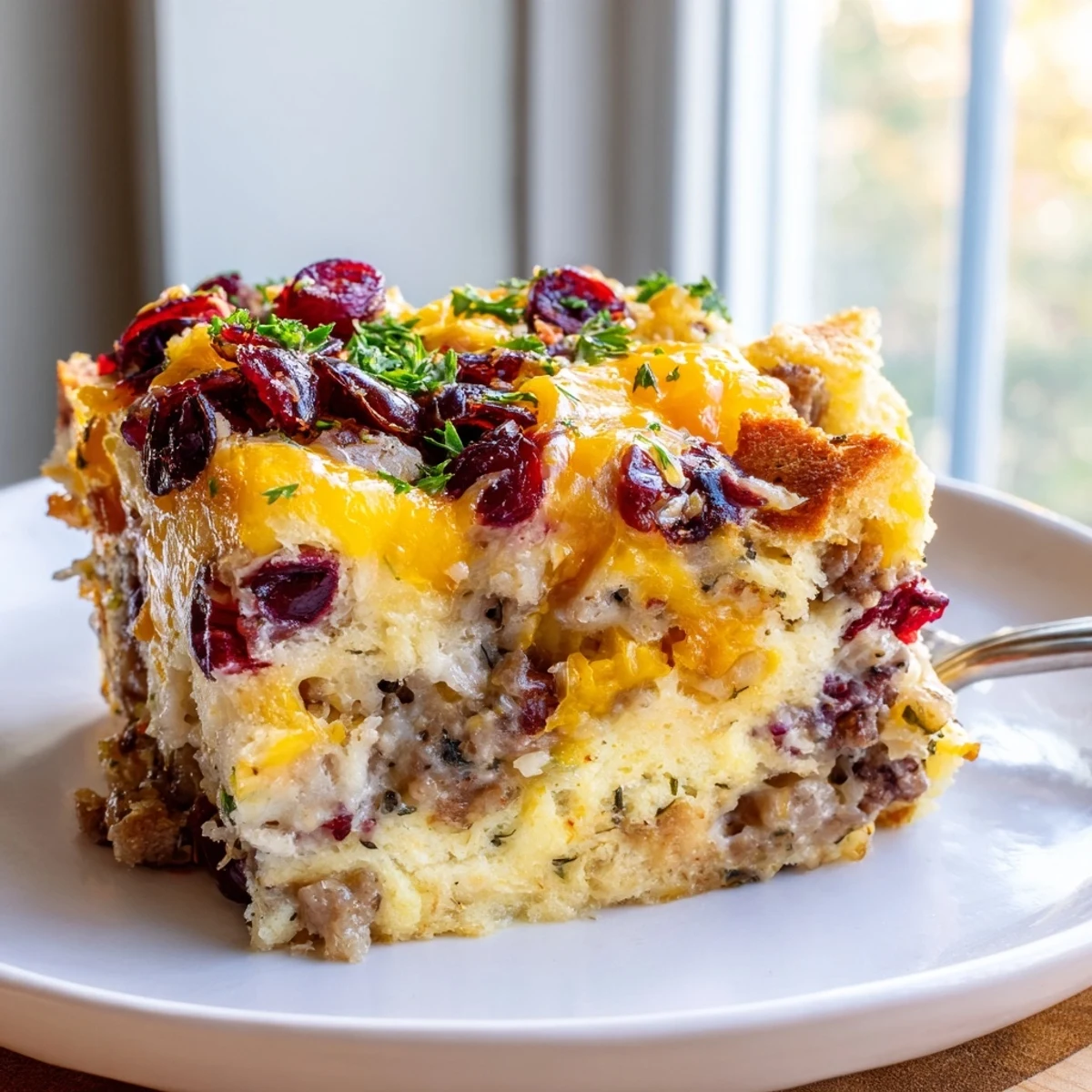 Golden baked cranberry sausage stuffing breakfast casserole with melted cheddar and fresh herbs