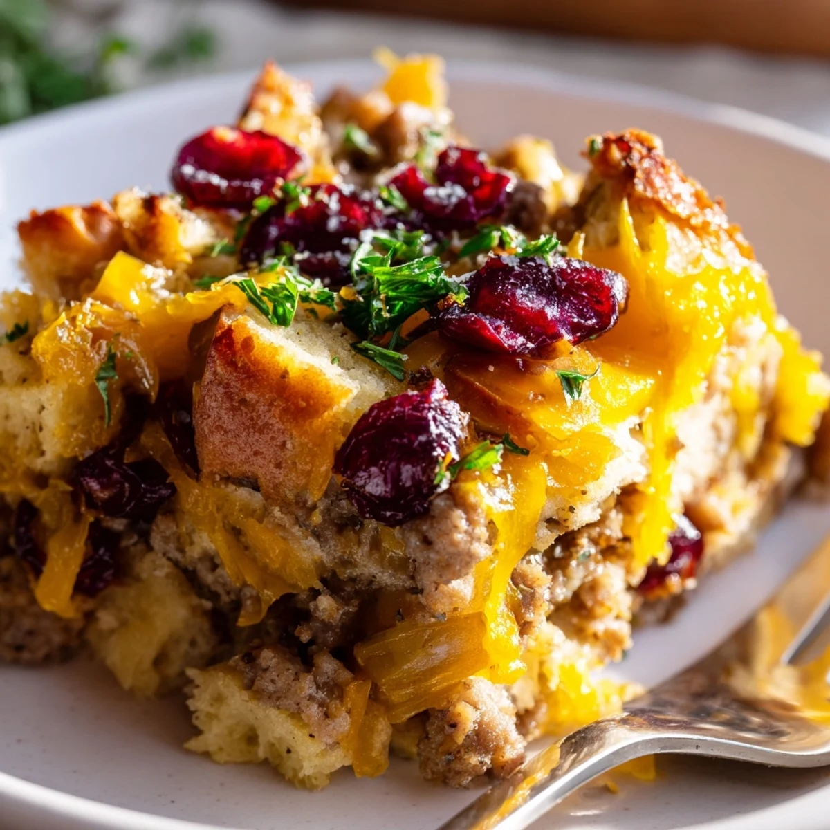 Steaming spoonful of cranberry sausage stuffing breakfast casserole served on a white plate