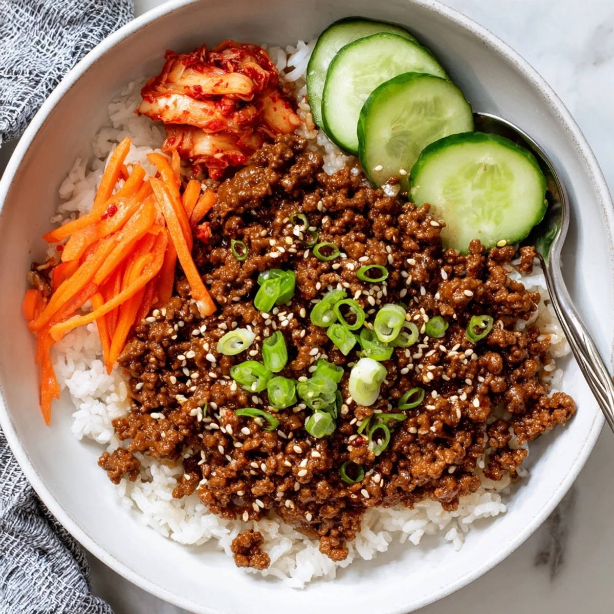 Korean ground beef bowl with glistening sesame-glazed meat over fluffy steamed white rice