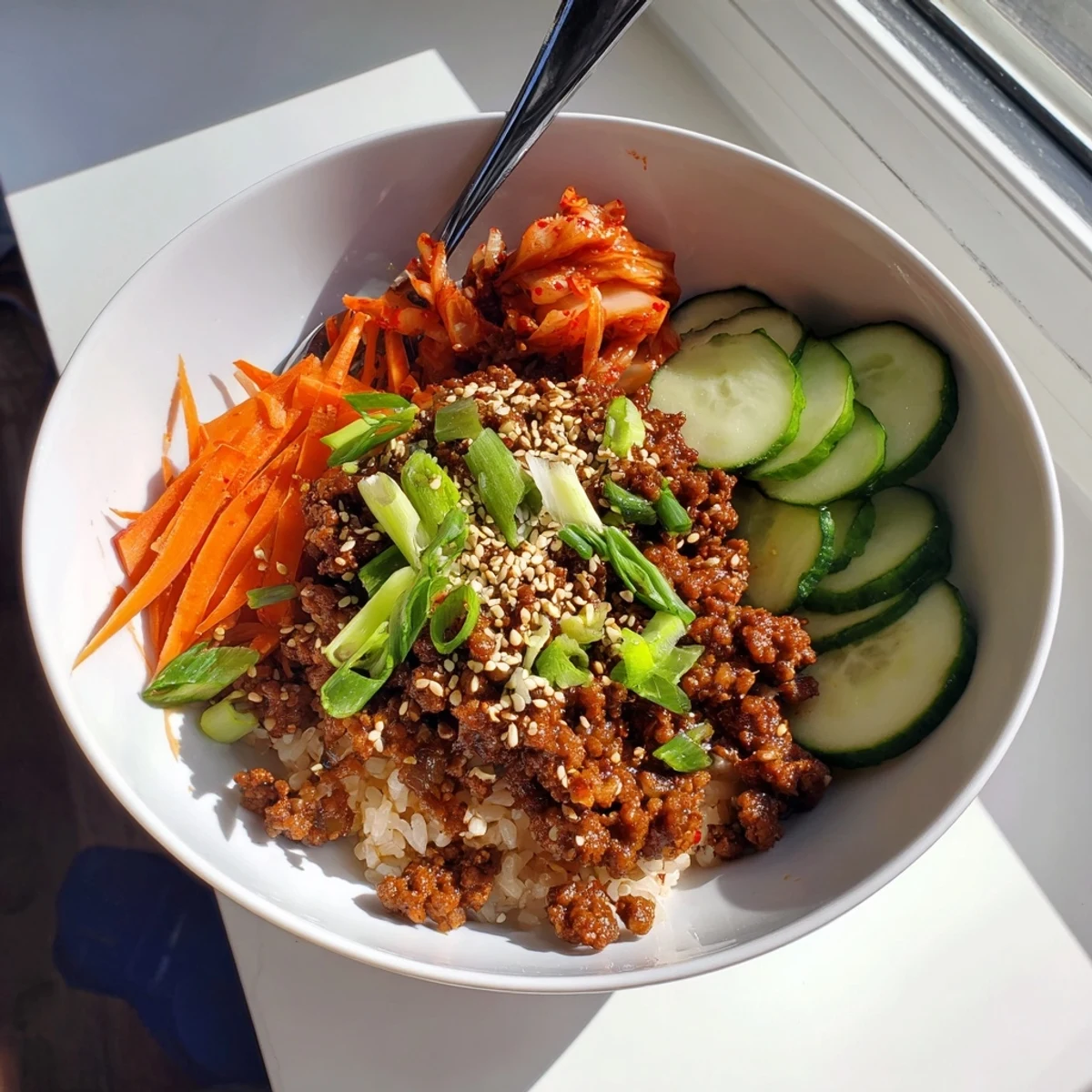 Steaming Korean ground beef bowl garnished with green onions and sesame seeds in rustic dish